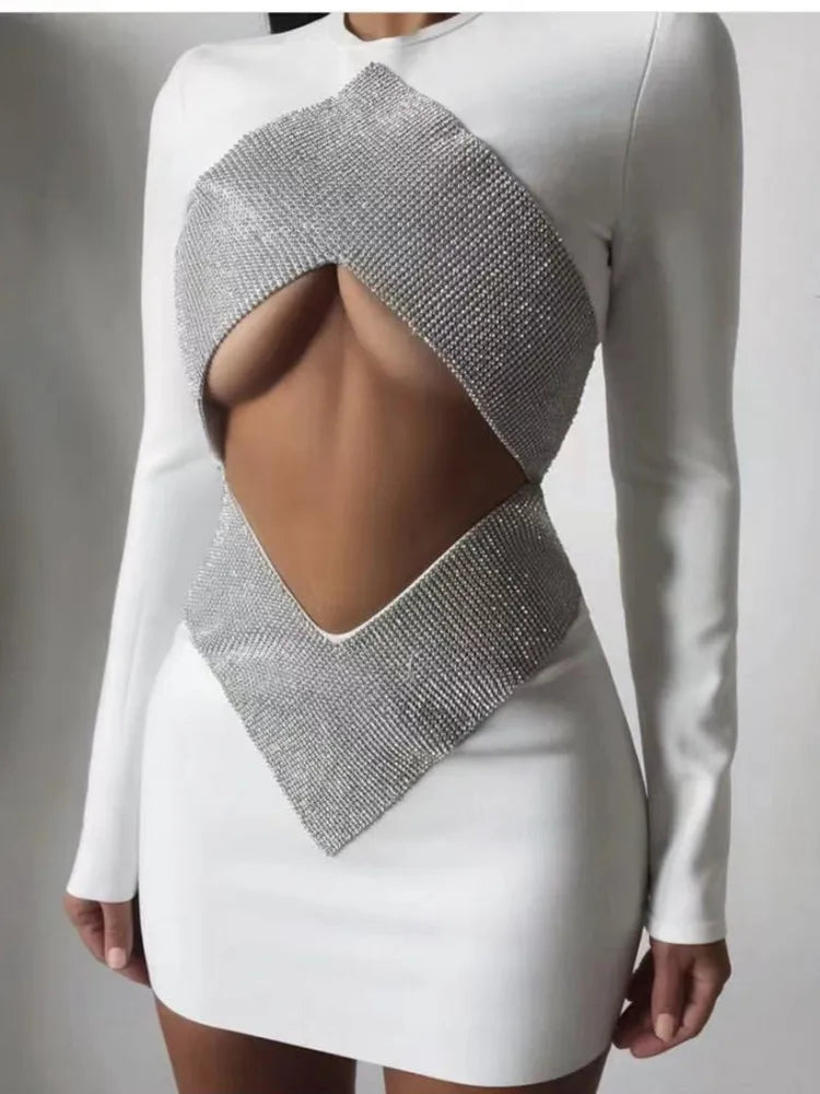 New Autumn Rayon Bandage Women Long Sleeve Sexy Holes Bodycon Mini Dress Celebrate Fashion Nightclub Party Outfit Vestido