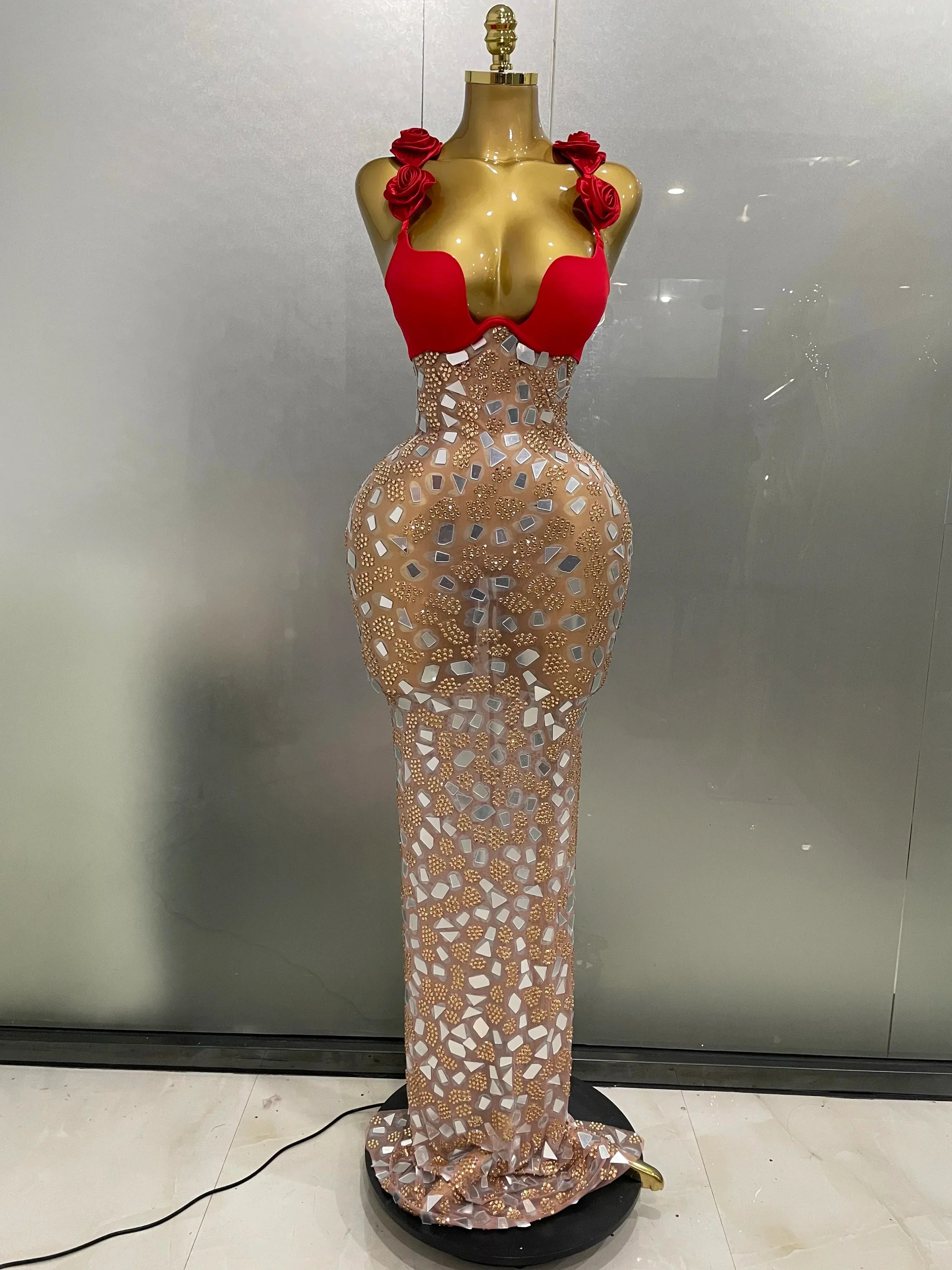 Sexy Sparkly Rhinestones Mesh Mirrors Red Roses Long Dress Women Elegant Evening Party Club Stage performance Costume Red