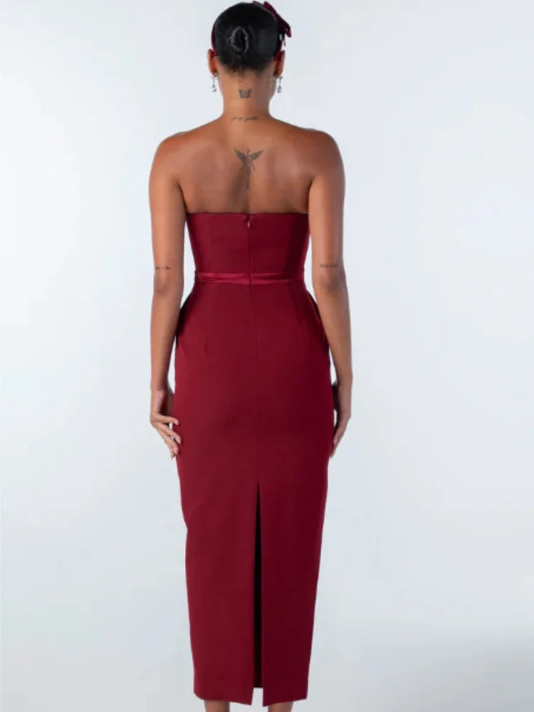 Women Sexy Strapless Bow Bodycon Mid-calf Dress Celebrate Birthday Party Date Cocktail Outfit High Quality