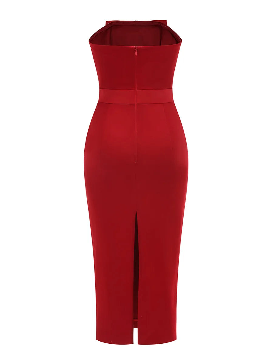 Women Sexy Strapless Bow Bodycon Mid-calf Dress Celebrate Birthday Party Date Cocktail Outfit High Quality