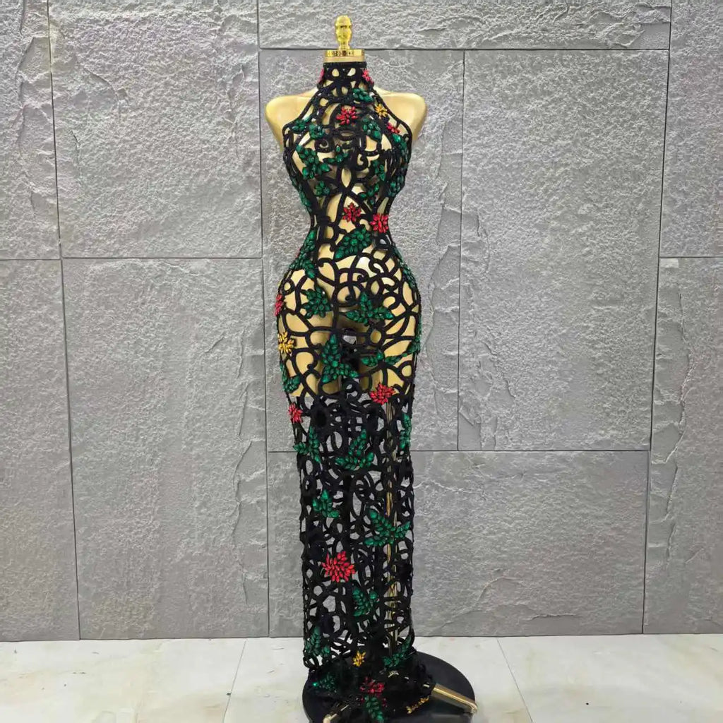 Women Sleeveless Sexy Hollow Out Shinning Rhinestones Bodycon Long Dress Backless Celebrate Nightclub Party Celebrity Stage Wear black