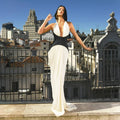 Summer Women Patchwork Drape Halter Backless Maxi Dress For Women Bodycon Sexy Party Elegant Outfits Evening Birthday Clothes WHITE