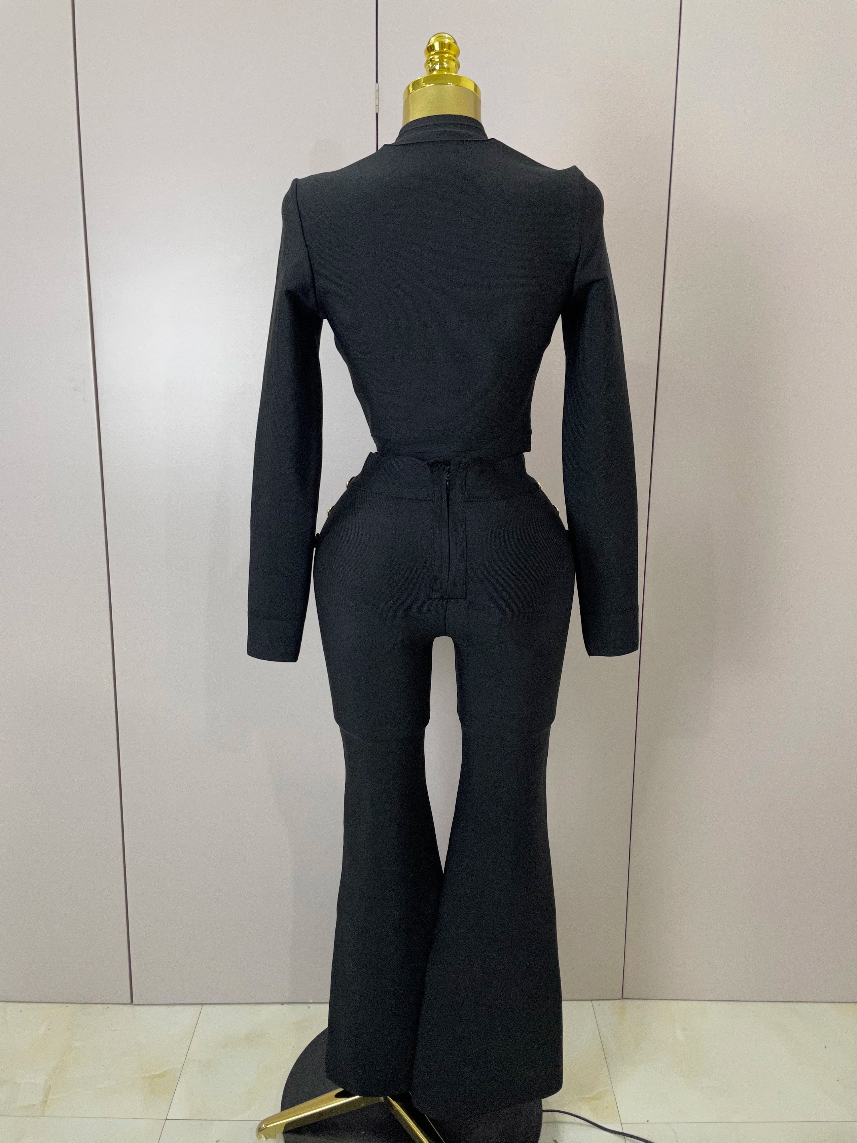 Golden Buttons Short Coat Top And Flare Pants  Bandage 2 Pieces Set Woman Celebrity Evening Party Vestidos