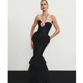 Pink Flowers Halter Sleeveless Black Lace Ankle Length Dress Celebrity Birthday Party Evening Dress Woman Voaction Outfit black