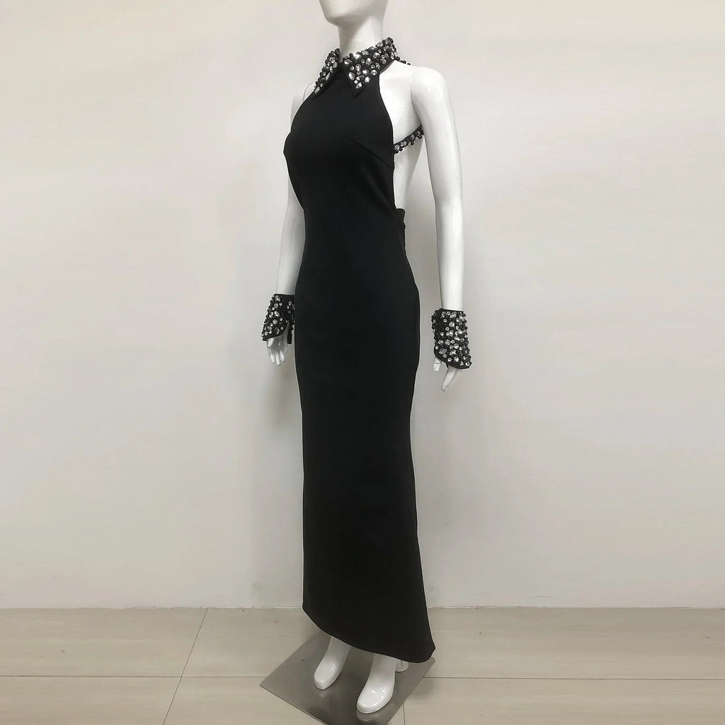 Luxury Diamond Neck Sexy Halter Sleeveless Steath Ankle Lenght Bandage Dress Graceful Woman Party Dress Birthday Party Vestido