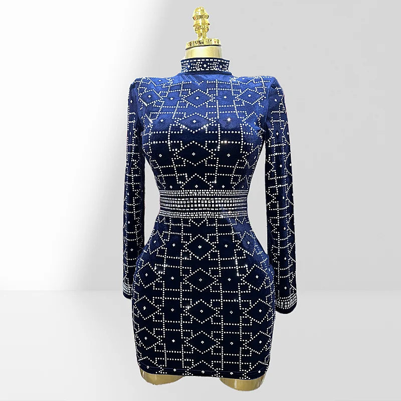 Dark Blue Velvet Luxury Diamonds O-neck  Tuck Waist Mini Dress Fashion Woman Party Dress Celebration Birthday Vestido