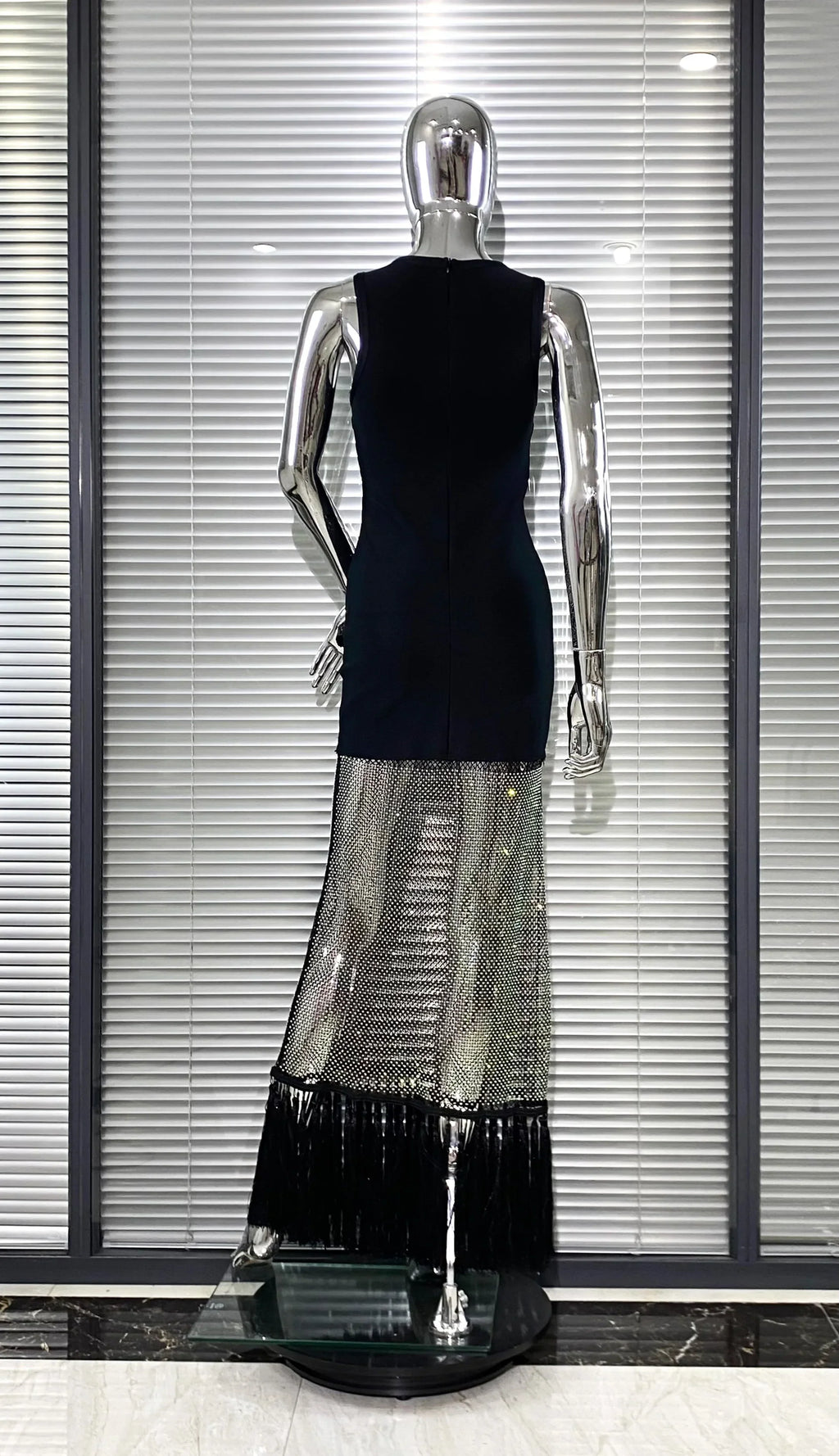Shining Diamond See Through Mesh Tassels Black Bandage Ankle Length Dress Fashion Woman Party Dress Birthday Party Outfit