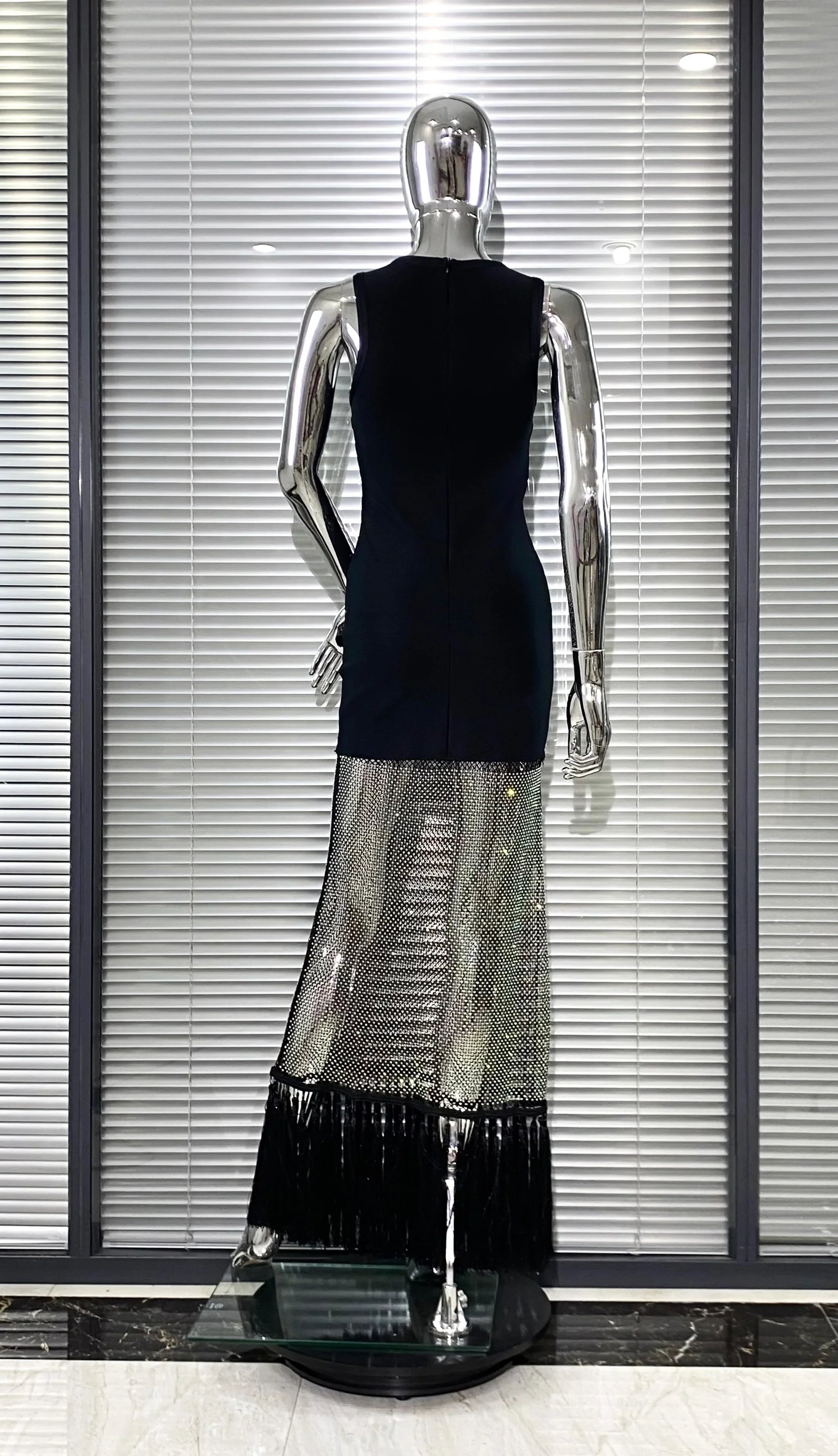 Shining Diamond See Through Mesh Tassels Black Bandage Ankle Length Dress Fashion Woman Party Dress Birthday Party Outfit