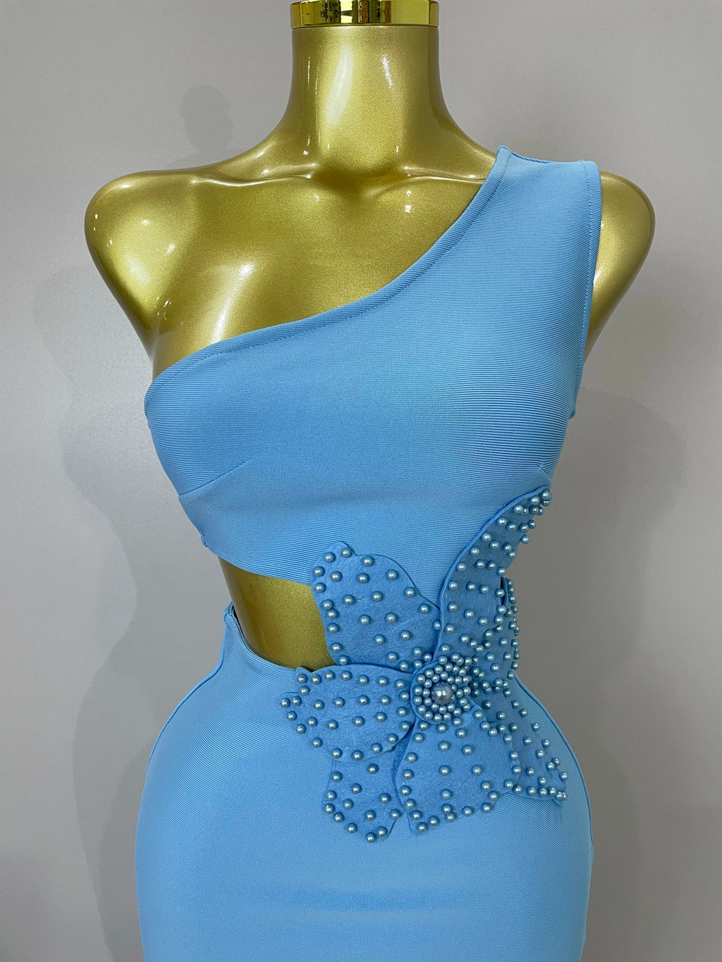 Luxury Sexy One Shoulder Pearl Sky Blue Bodycon Bandage Dress  Women Celebrity Elegant Evening Club Birthday Party Outfit