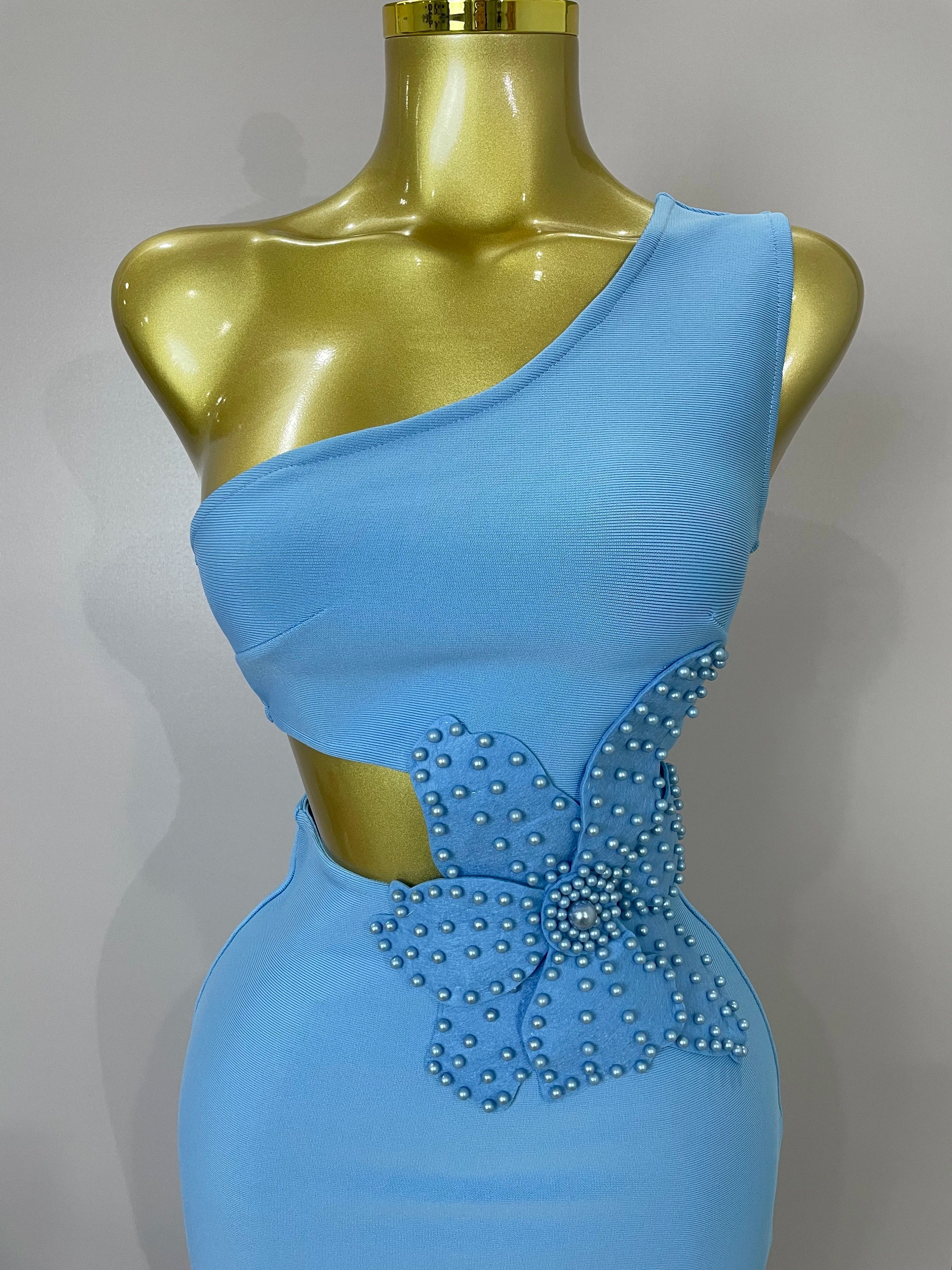 Luxury Sexy One Shoulder Pearl Sky Blue Bodycon Bandage Dress  Women Celebrity Elegant Evening Club Birthday Party Outfit