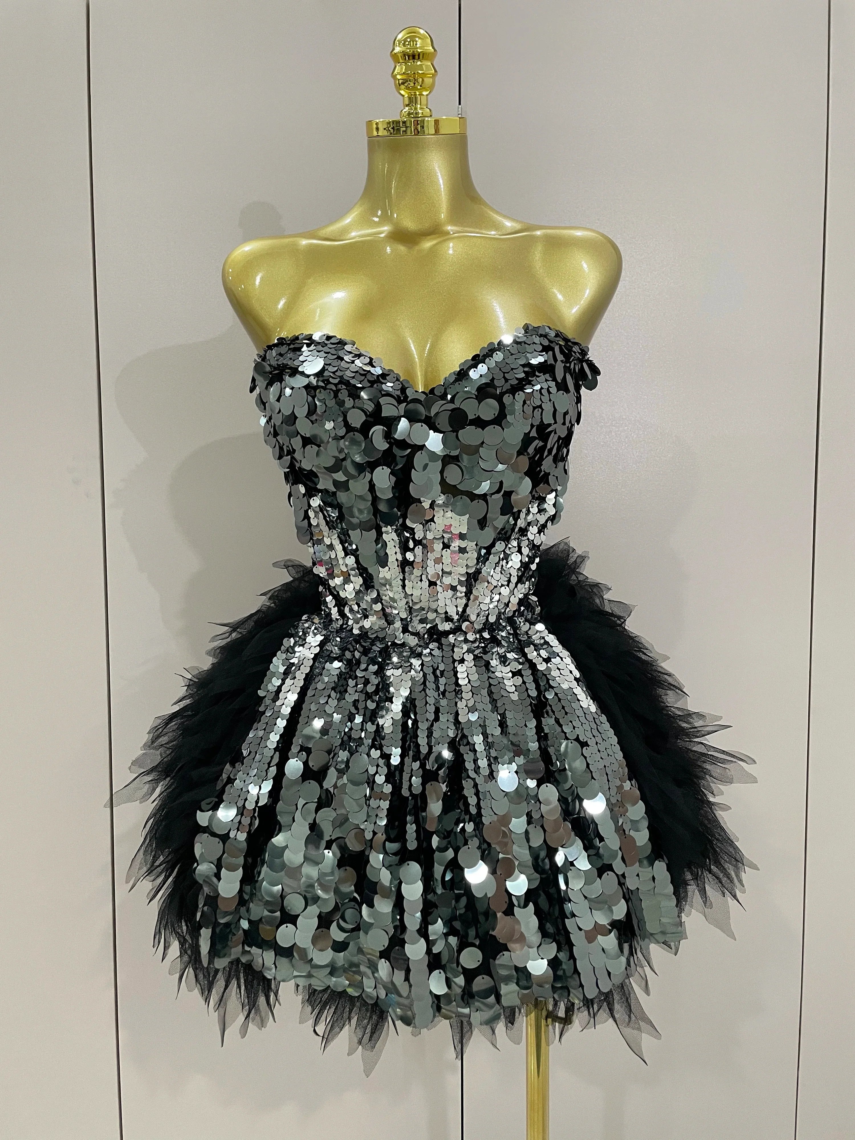 Stage Costume Women's Sparkly Sequin Mesh A Line Top Skirt 2 Pieces Set Nightclub Party Birthday Dress Photo Shoot Wear MULTI