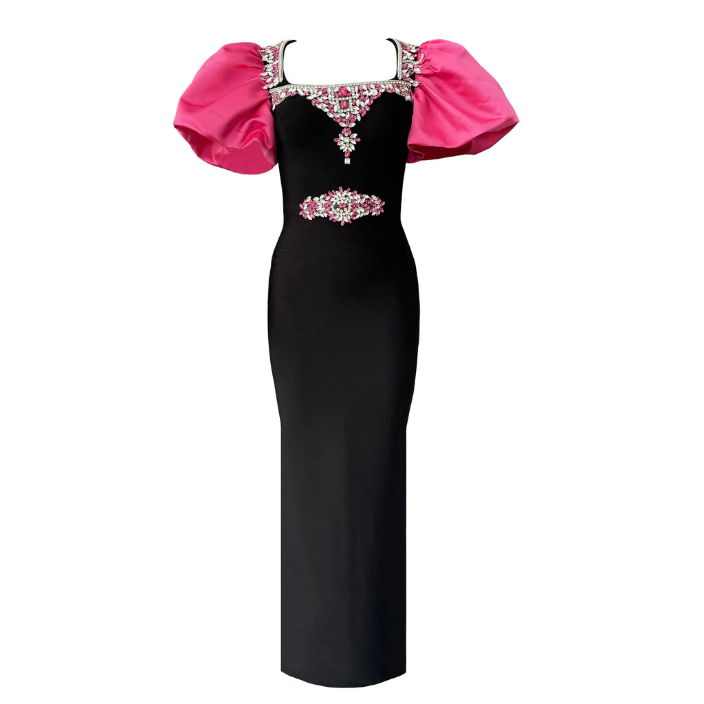 Women Short Puff Sleeve Sexy Square Collar Shinning Crystal Bodycon Long Bandage Dress Celebrate Evening Party Birthday Outfit Rose Red