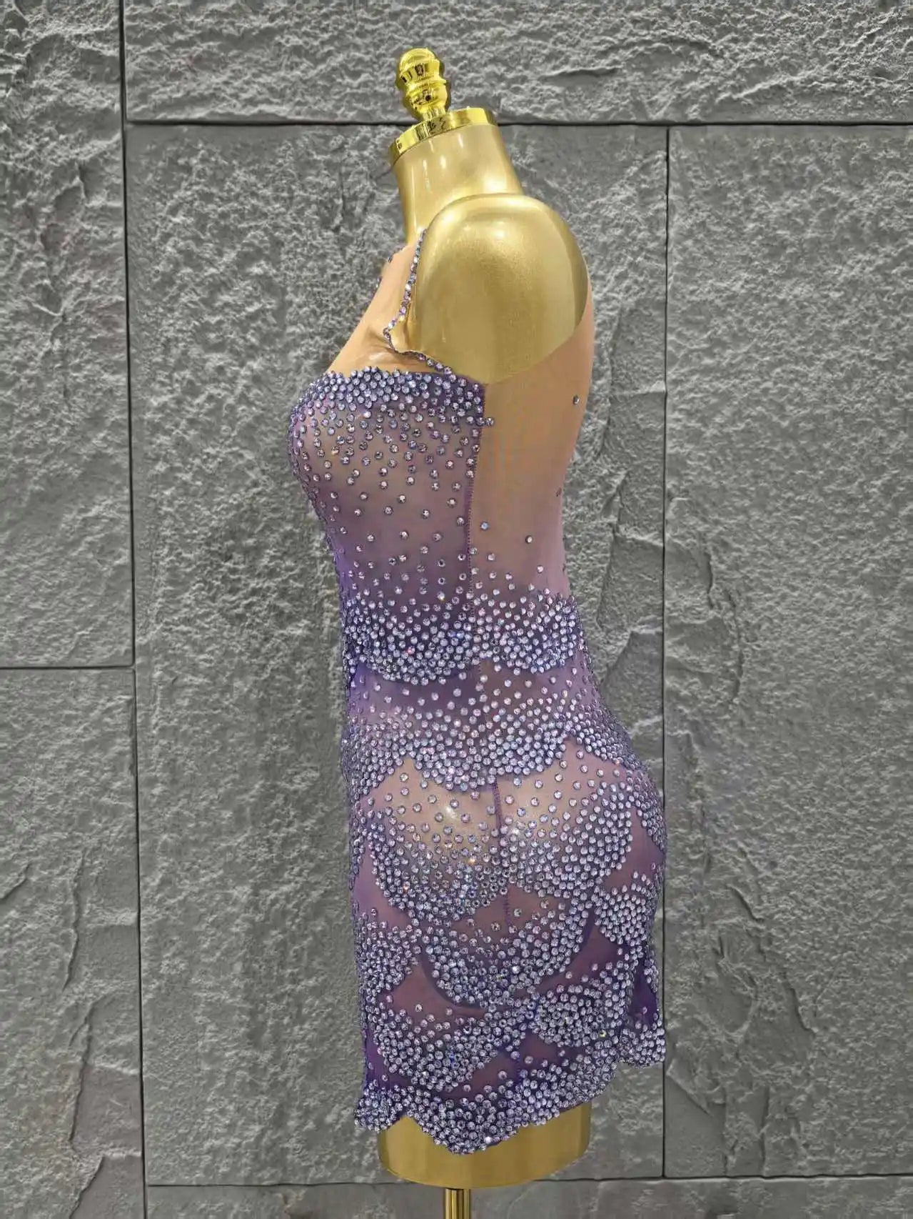 Purple Color Women Sexy Sleeveless Shinning Dimonds Bodycon Mini Dress Mesh See Through Celebrate Birthday Party Stage Wear