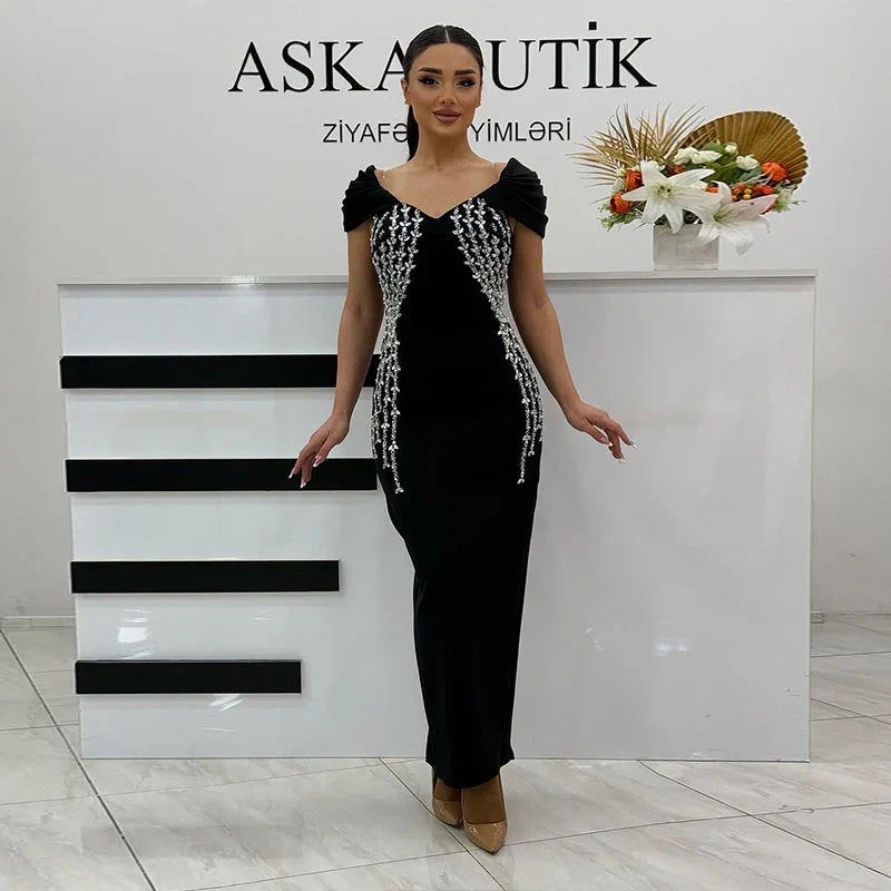 Shinning Crystal Women Sexy Short Sleeve V-Neck Bodycon Bandage Long Dress Elegant Evening Party Celebrate Outfit