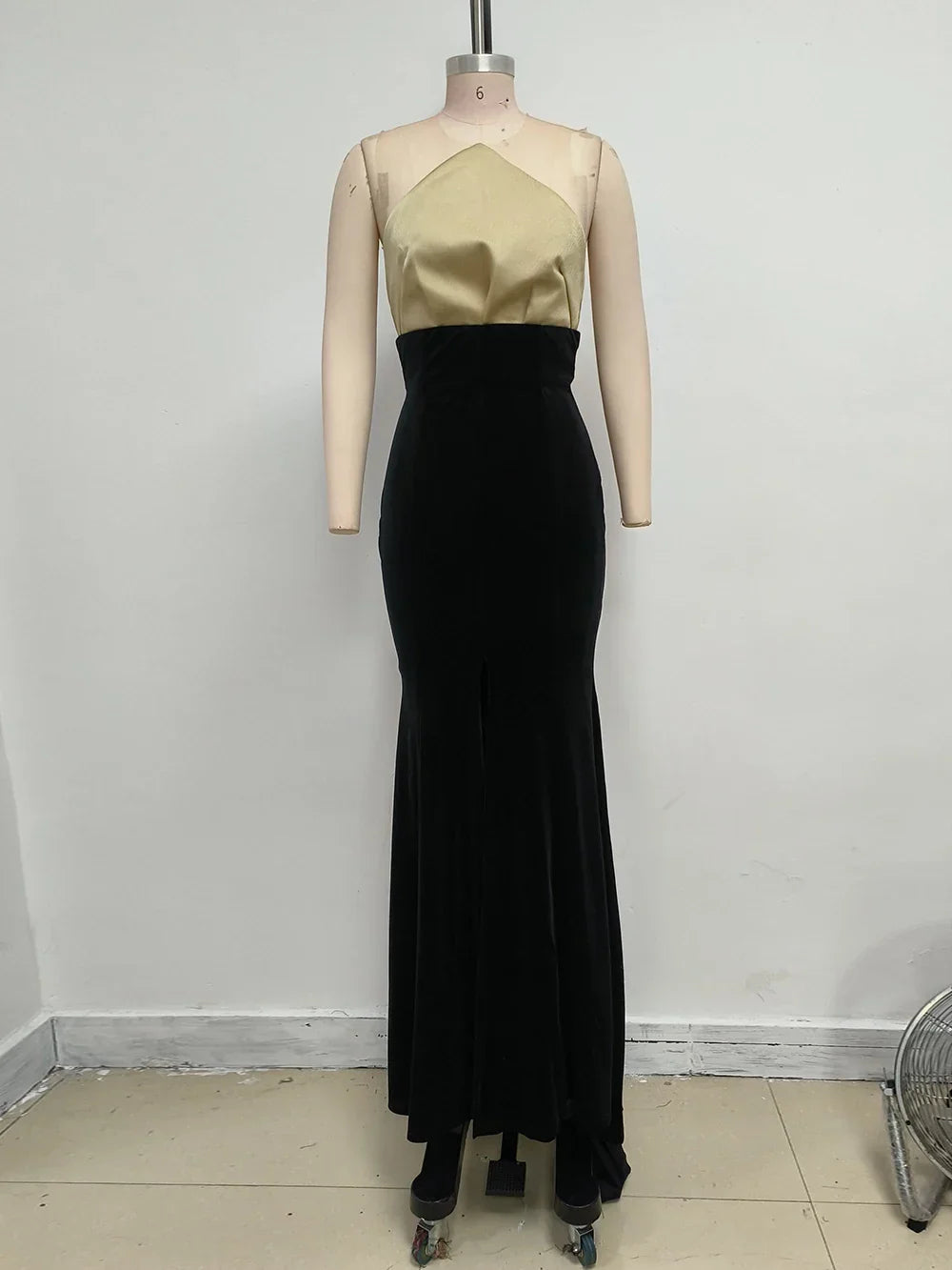 UpAvonu Elegant Strapless Patchwork Velvet Mermaid Long Dress Women Sexy Sleeveless Folds Slim Evening Runway Party Gown