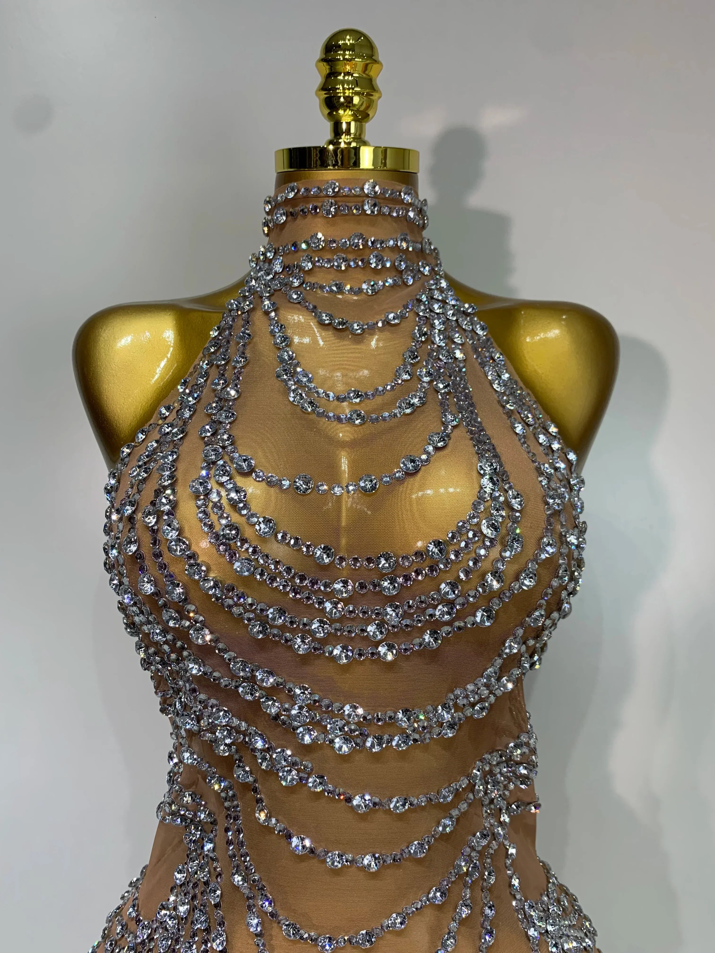 Luxury Rhinestone Sparkly Sexy Transparent Mesh Long Dress Women Birthday Party Gown Stage Singer Performance Costume