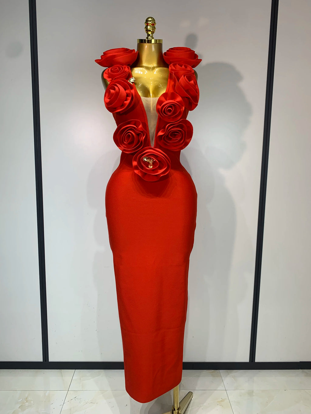 Fashion 3D Flower Sleeveless Bodycon Bandage Dress Women Celebrity Elegant Party Club Luxury Birthday Dress Vestidos ﻿ Red