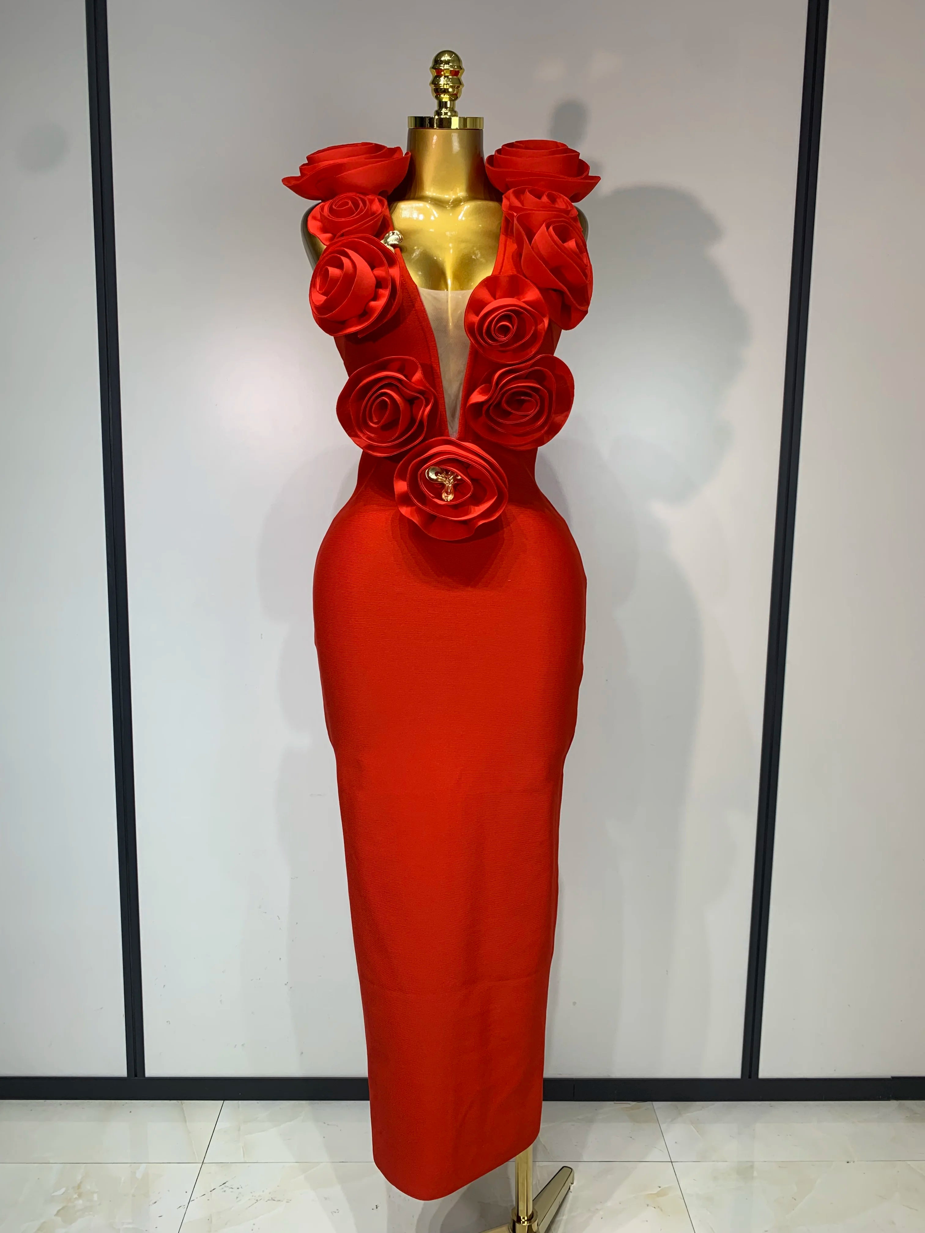 Fashion 3D Flower Sleeveless Bodycon Bandage Dress Women Celebrity Elegant Party Club Luxury Birthday Dress Vestidos ﻿ Red