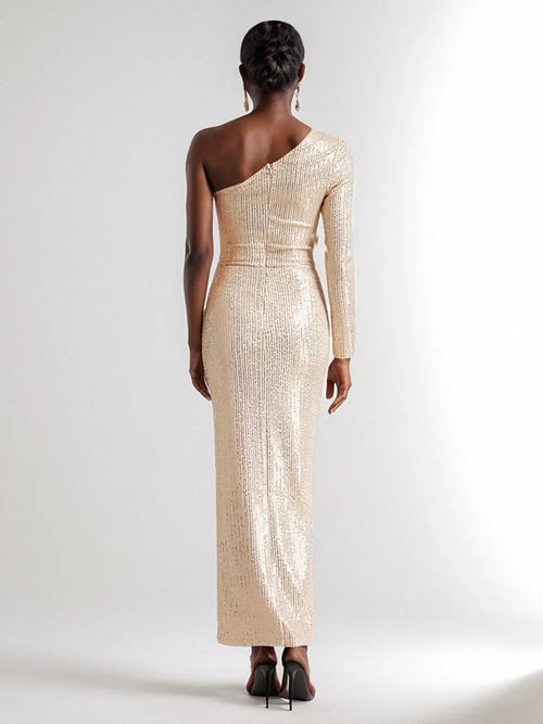 2024 Women's Light Luxury Glitter Dress with Diagonal Collar Single Shoulder Sleeve 3D Flower Decoration Bodycon Long Dresses