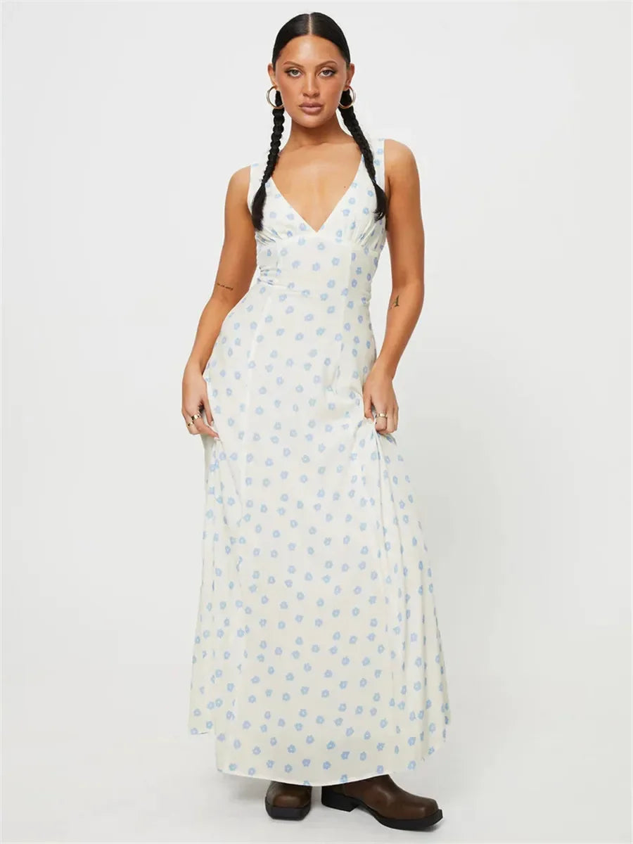 Vneck Laceup Sleeveless Floral Dress