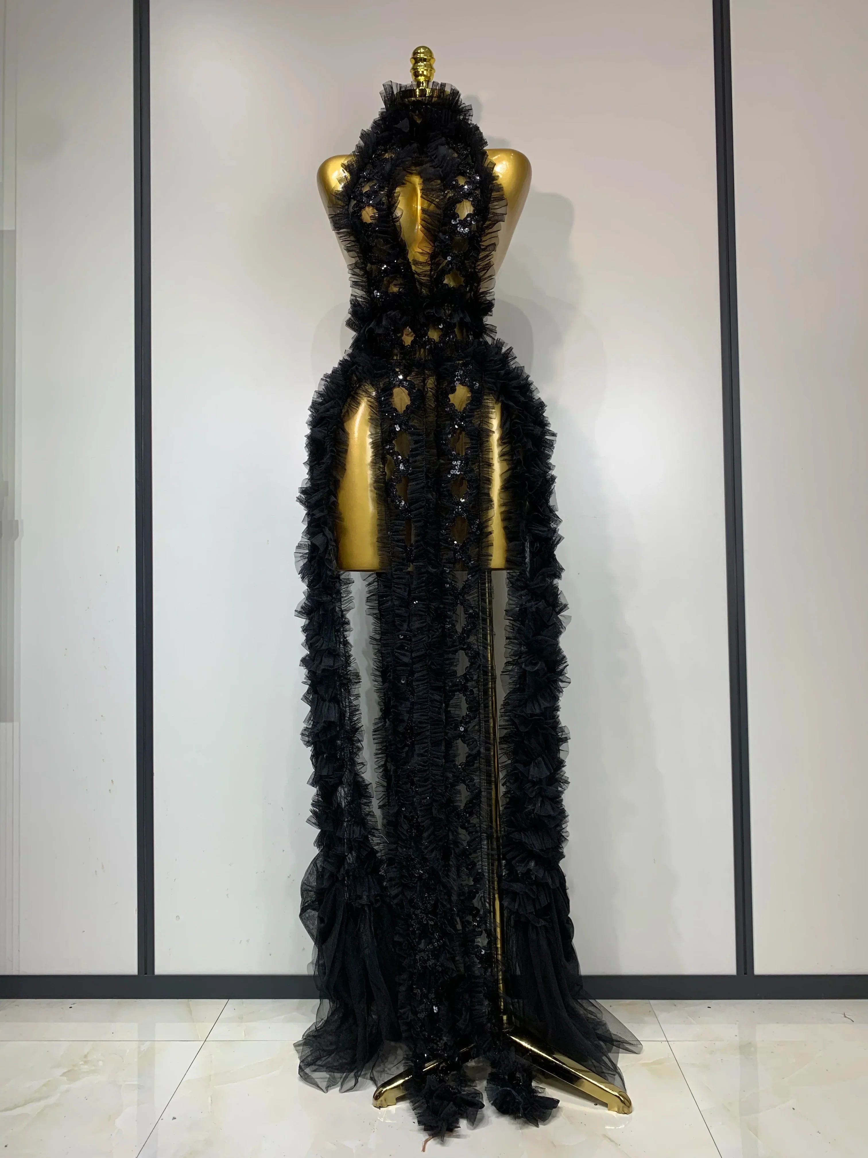 Mesh Sequins Sexy Backless Halter See Through Dress Birthday Evening Party Prom Nightclub Singer Stage Performance Costume black