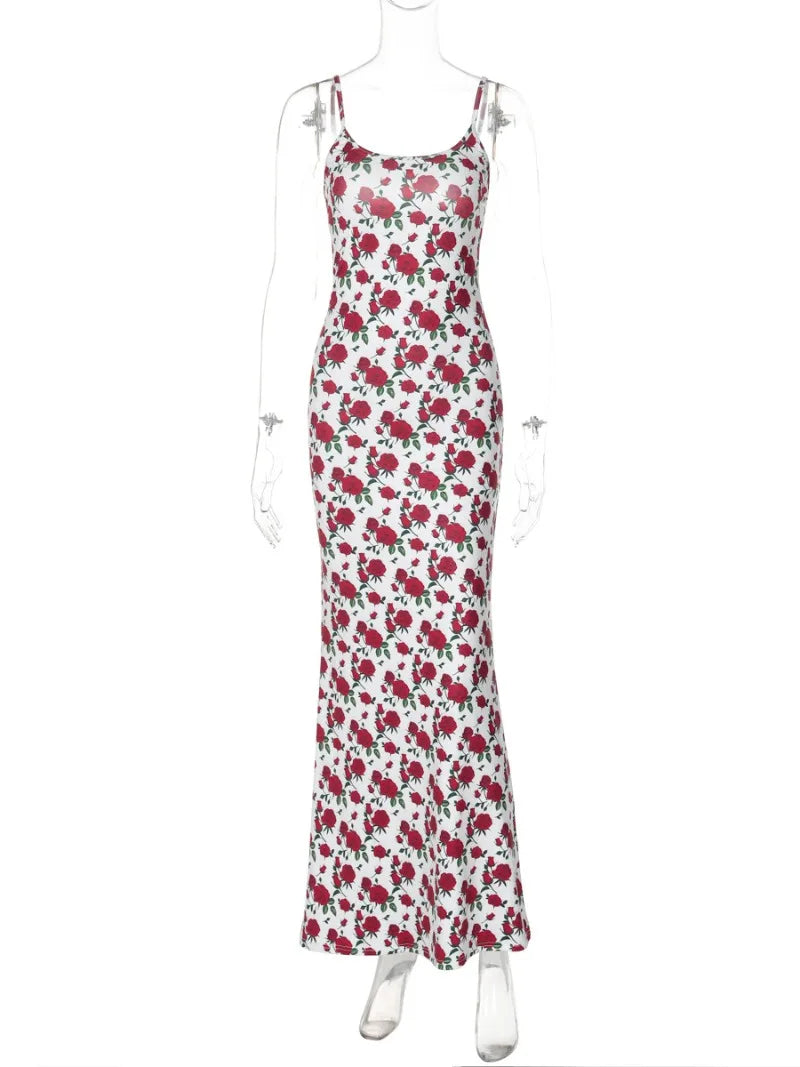 Fashion Sleeveless Bodycon Floral Dresses High Street Sexy Woman Clothes Spaghetti Strap Slim Vacation Party Long Dress