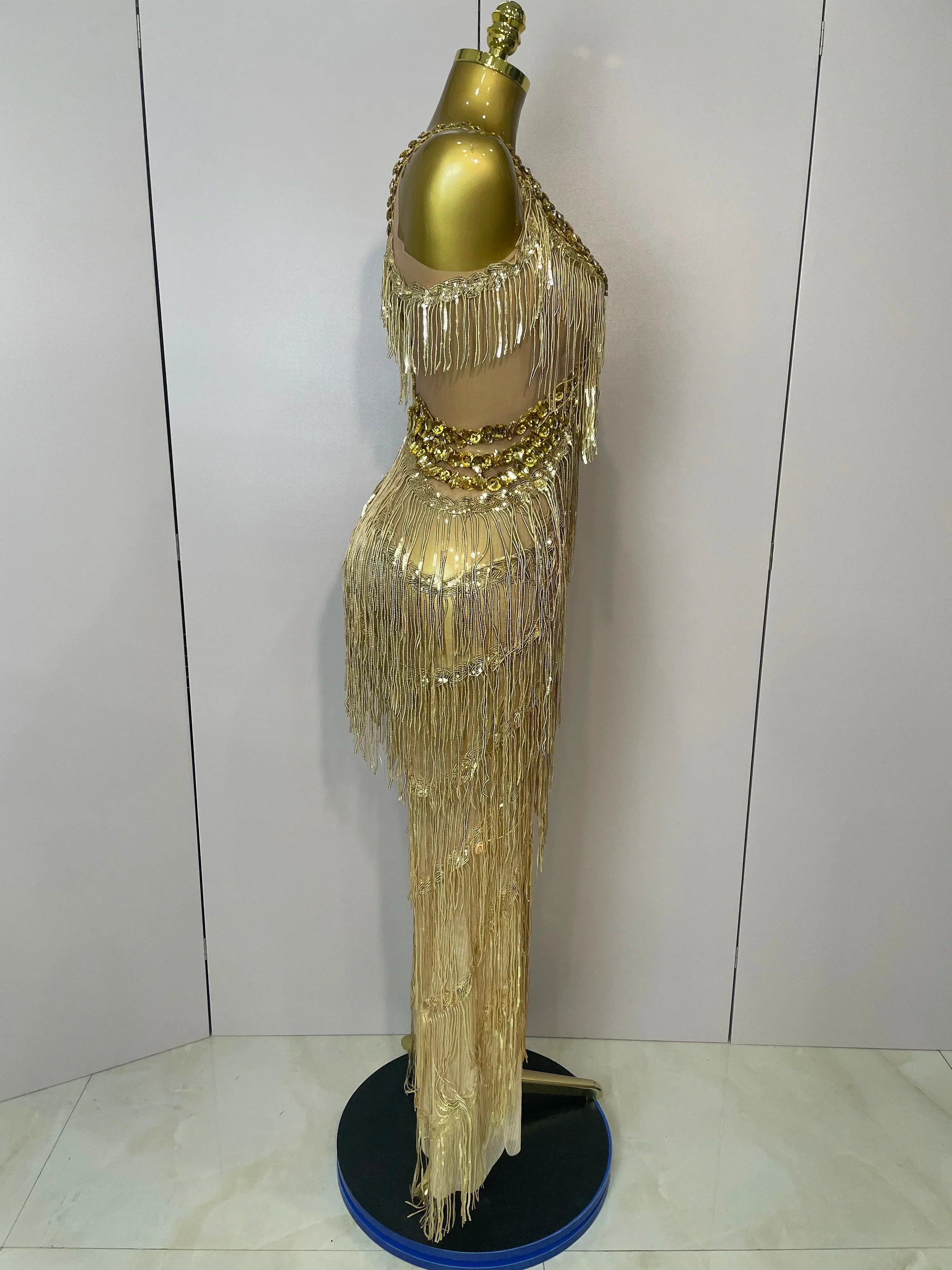 Shiny Gold Rhinestones Sequined Fringe Wide-leg jumpsuit  Women Sexy Night Party Club Outfit Singer Stage Perform Costume