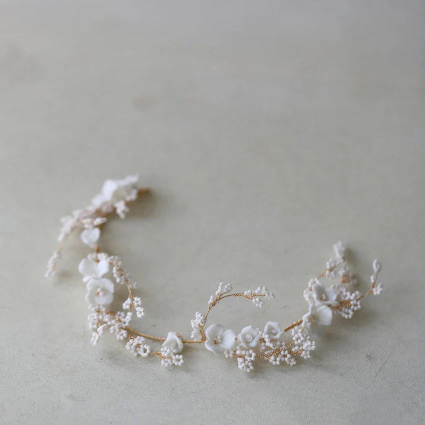 Porcelain Flower Headband Hairband Gold Color Headpiece For Brides Women Girl Headdress Bridal Jewelry Wedding Hair Accessories