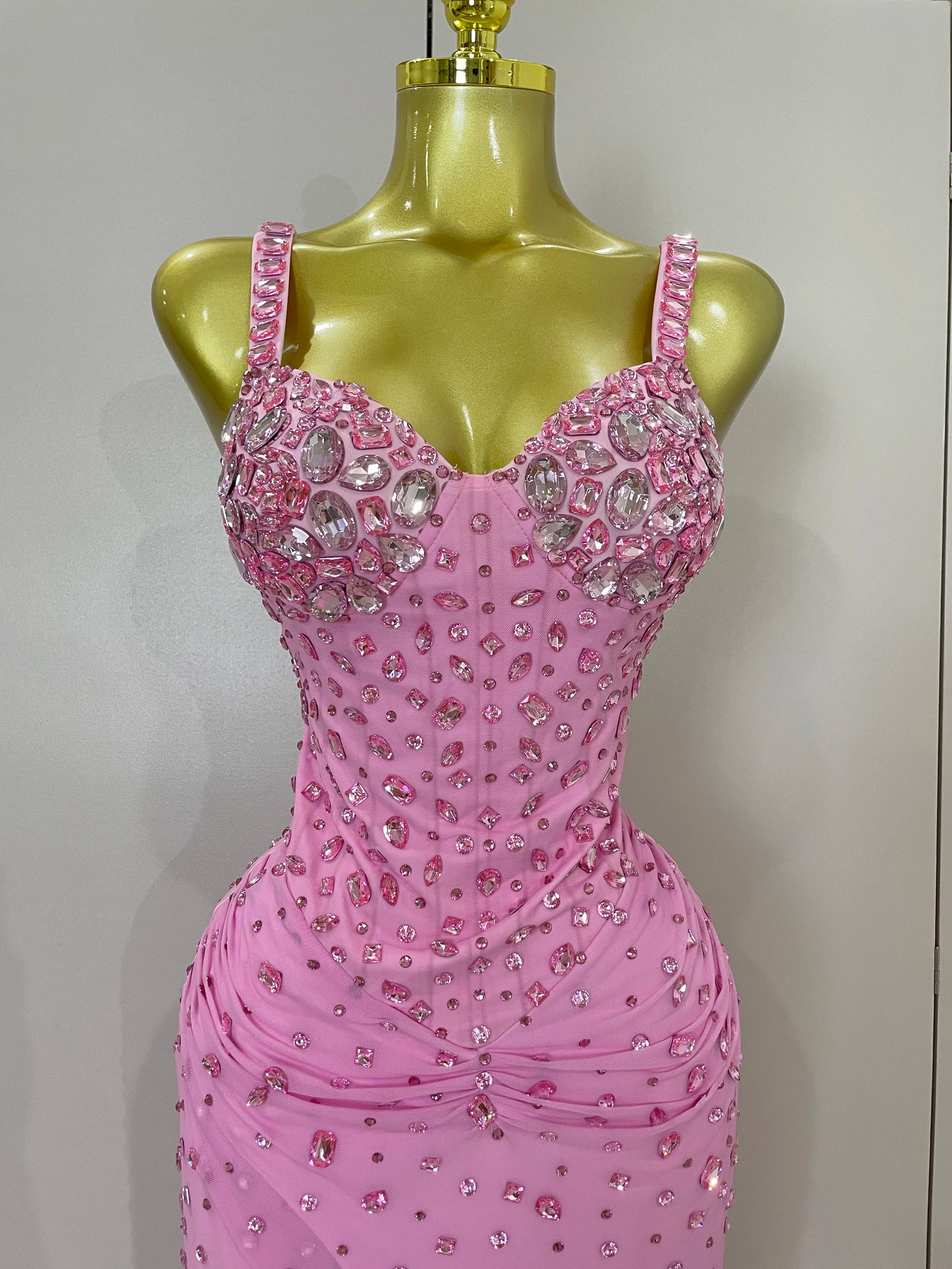 Luxury Pink Rhinestones Split Floor Length Dress  Women Sexy Evening Celebrate Birthday Party Dress Photoshoot Stage Wear