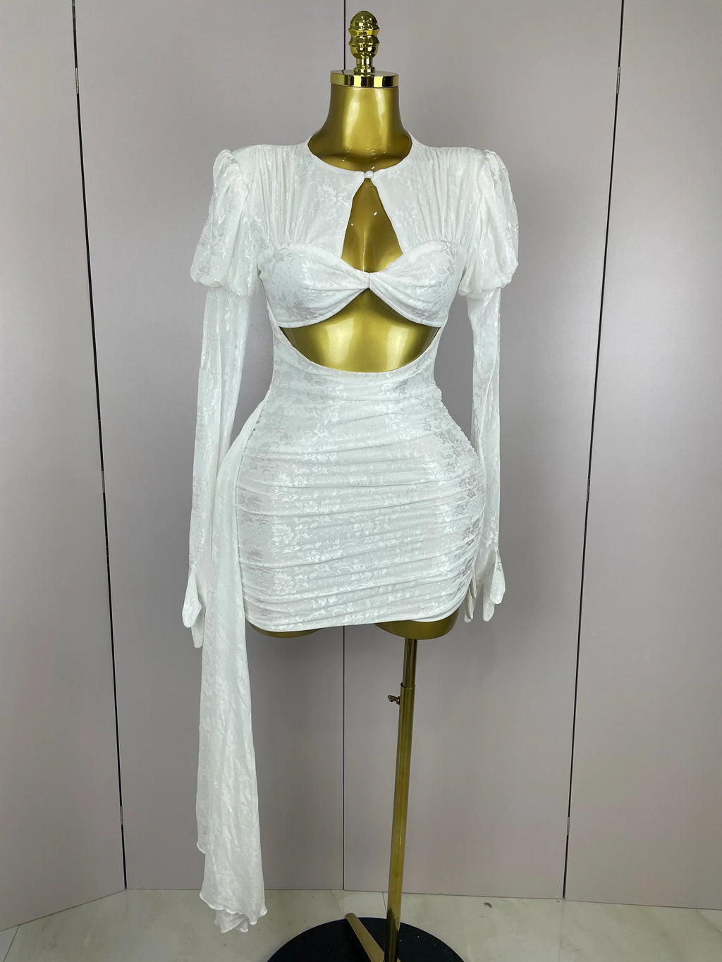 Women White Birthday Dress Fashion Long Sleeve O Neck Cut Out Bodycon Mini Trailing One Piece Celebrity Evening Club Dresses WHITE