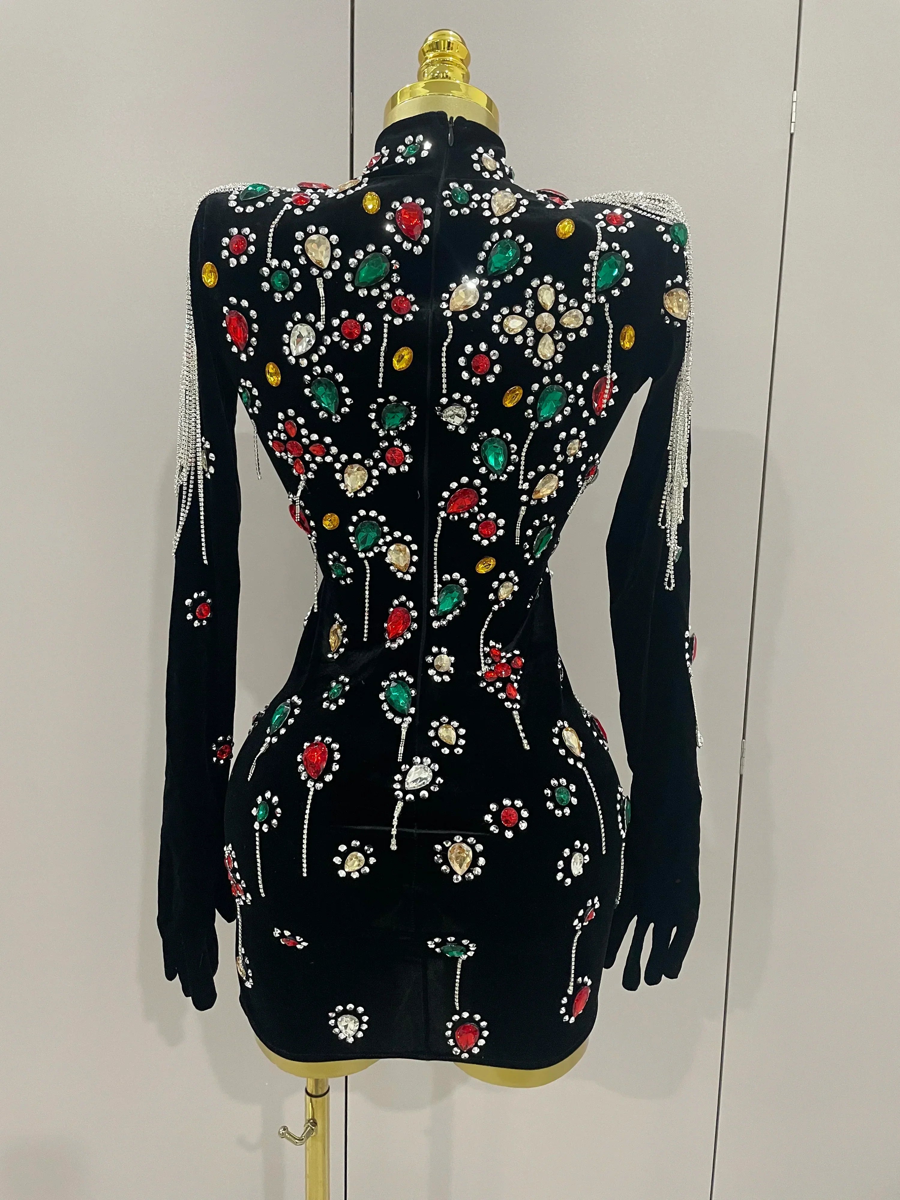 Sexy Sparkle Multicolor Rhinestones Black Velvet Gloves Slit Short Dress Women Evening Birthday Party Club Stage Costume