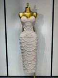 Women Sexy V Neck Pearl Beading Cut Out Maxi Long Bodycon Prom Gowns Dress Luxury Birthday Elegant Evening Party Club Dress Beige