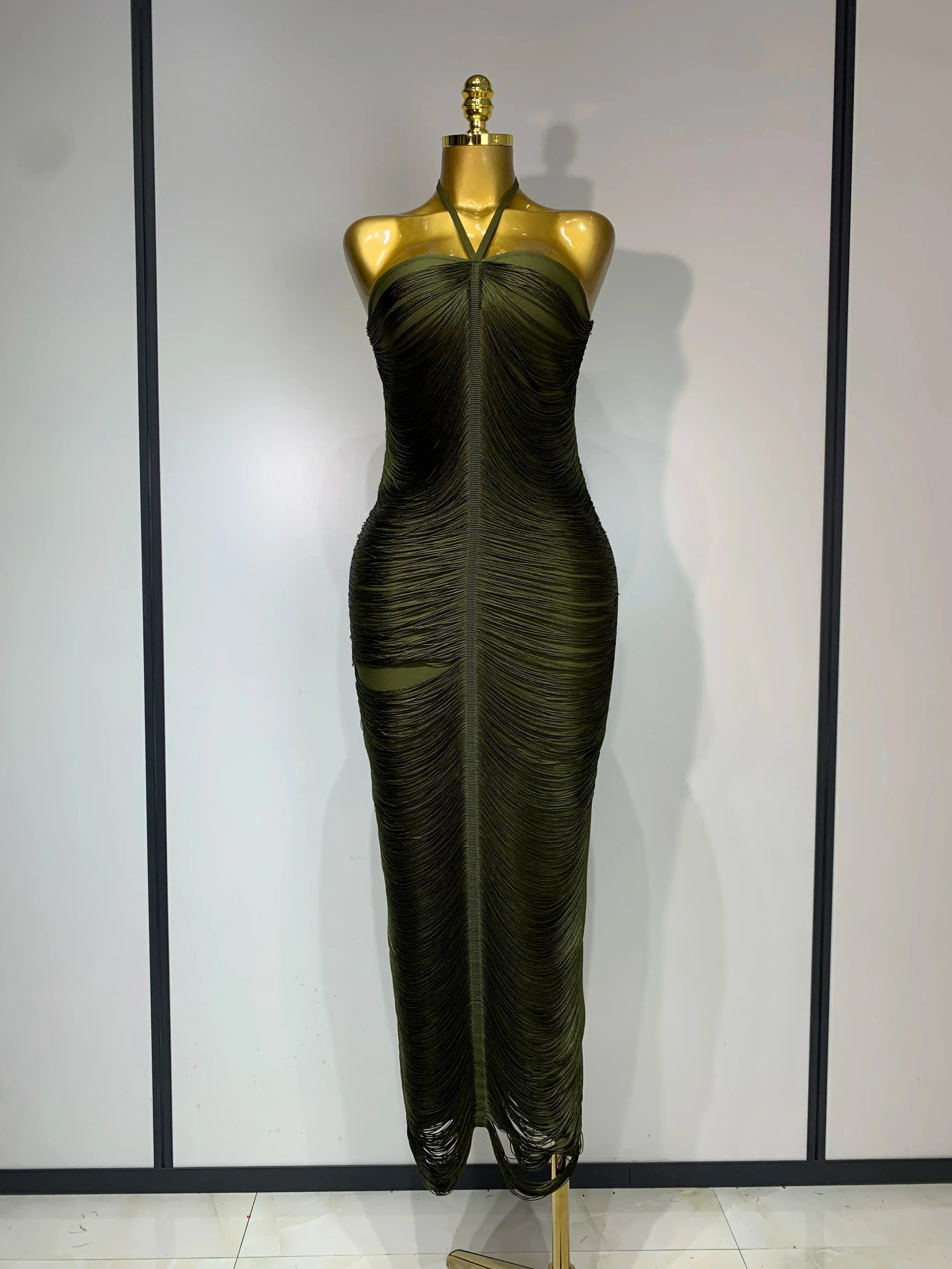Women Sexy Celebrity Backless Halter Tassel Bodycon Bandage Dress Elegant Celebirty Evening Party Luxury Birthday Dress army green