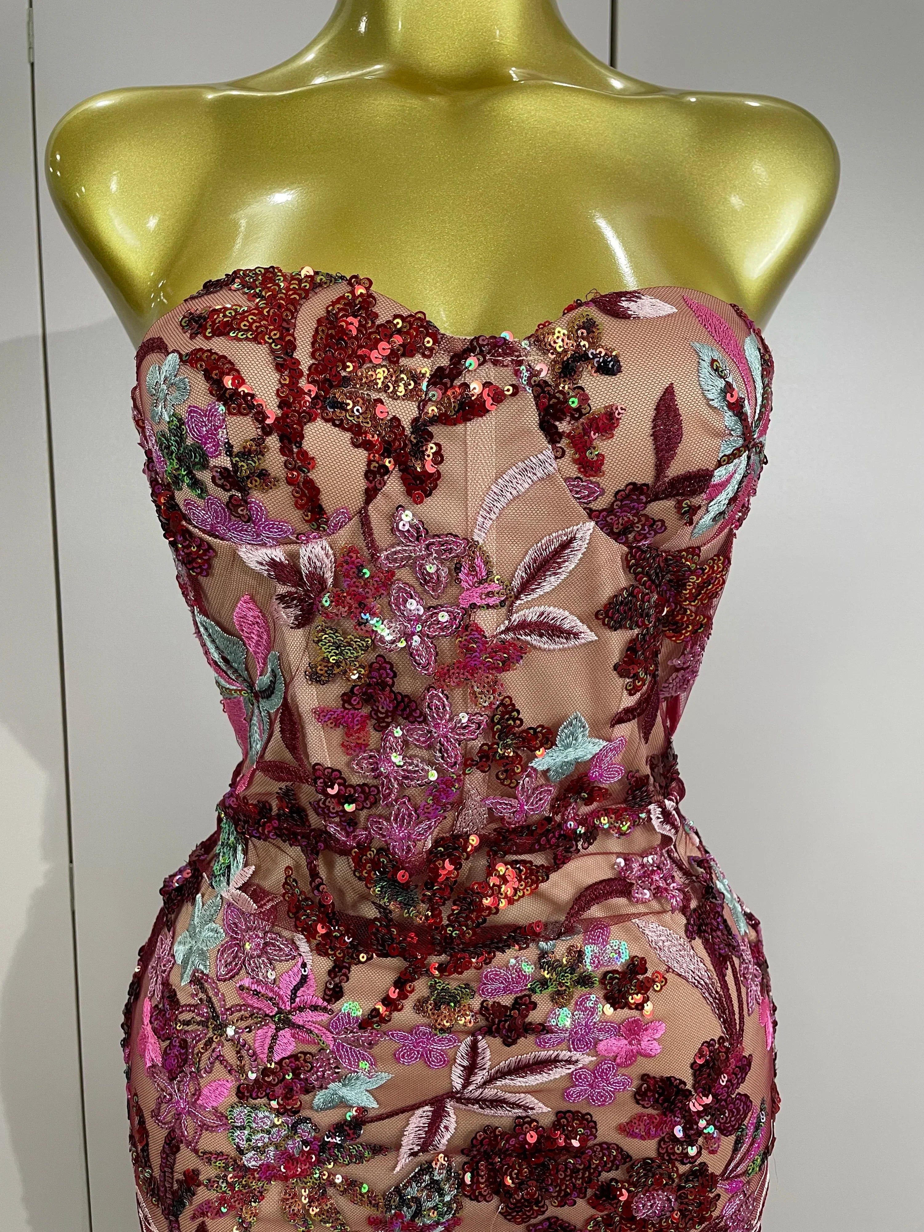 Sexy Strapless Floral Sequin Long Dress  Women Sequins Flower Backless Long Slim Dress Evening Party Runway Gown Dress