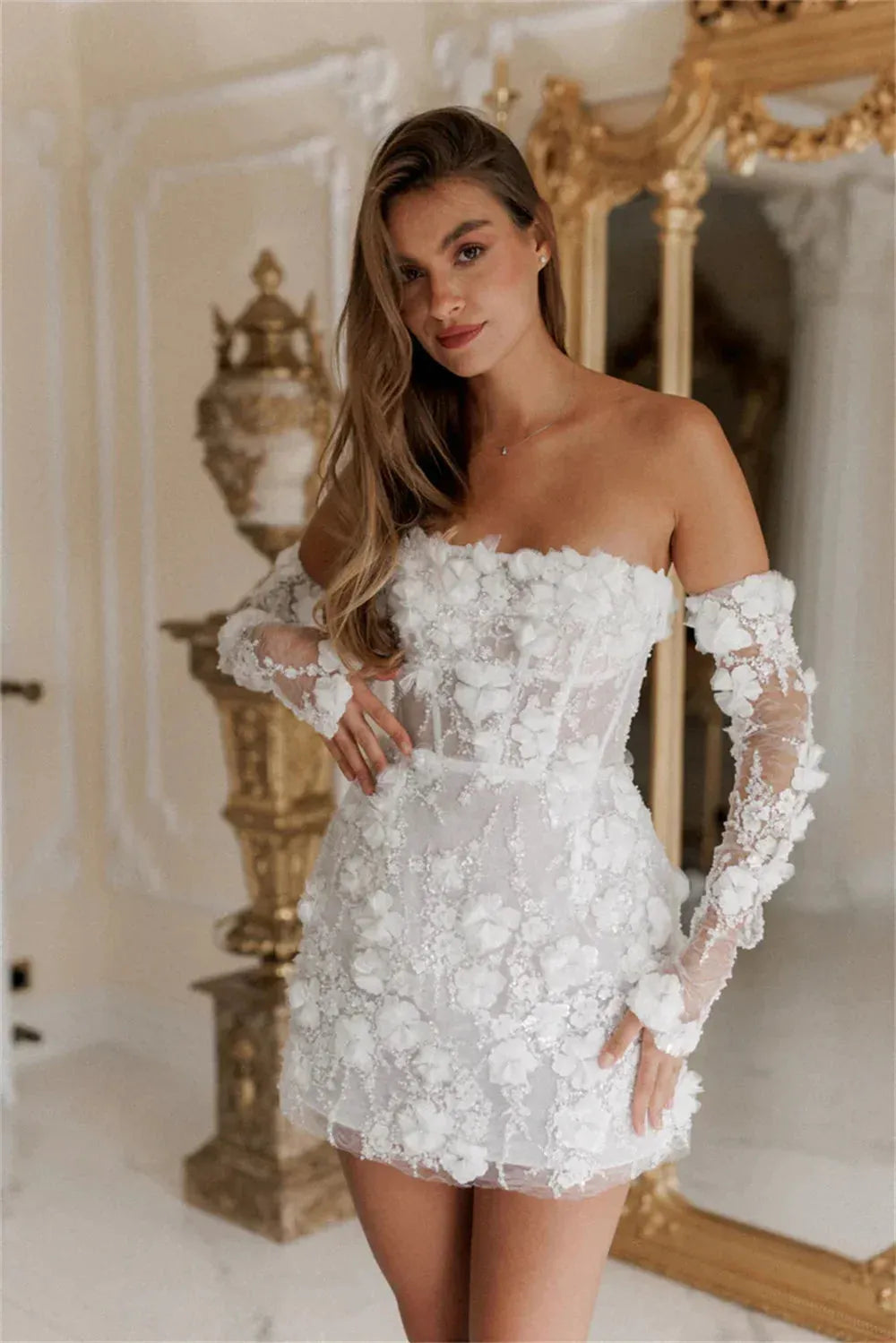 Intricate Sparkle Strapless A-line Celebrity Dress Applique Paillette / Sequins Mini Organza Cocktail wedding dress