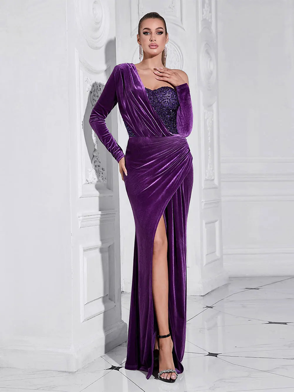 2024 Sexy Women Light Luxury Sparkle Velvet Dress with Diagonal Collar Long Sleeve Draped Bodycon Split Body Long Dress Vestidos