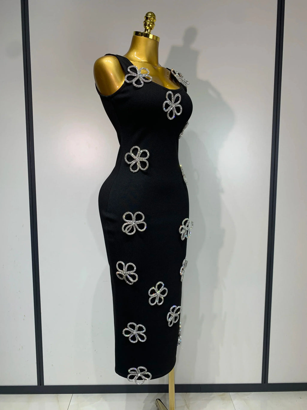 Women Celebrity Sexy Diamonds Flower Black Long Bodycon Bandage Dress  Elegant Evening Club Party Luxury Birthday Dresses