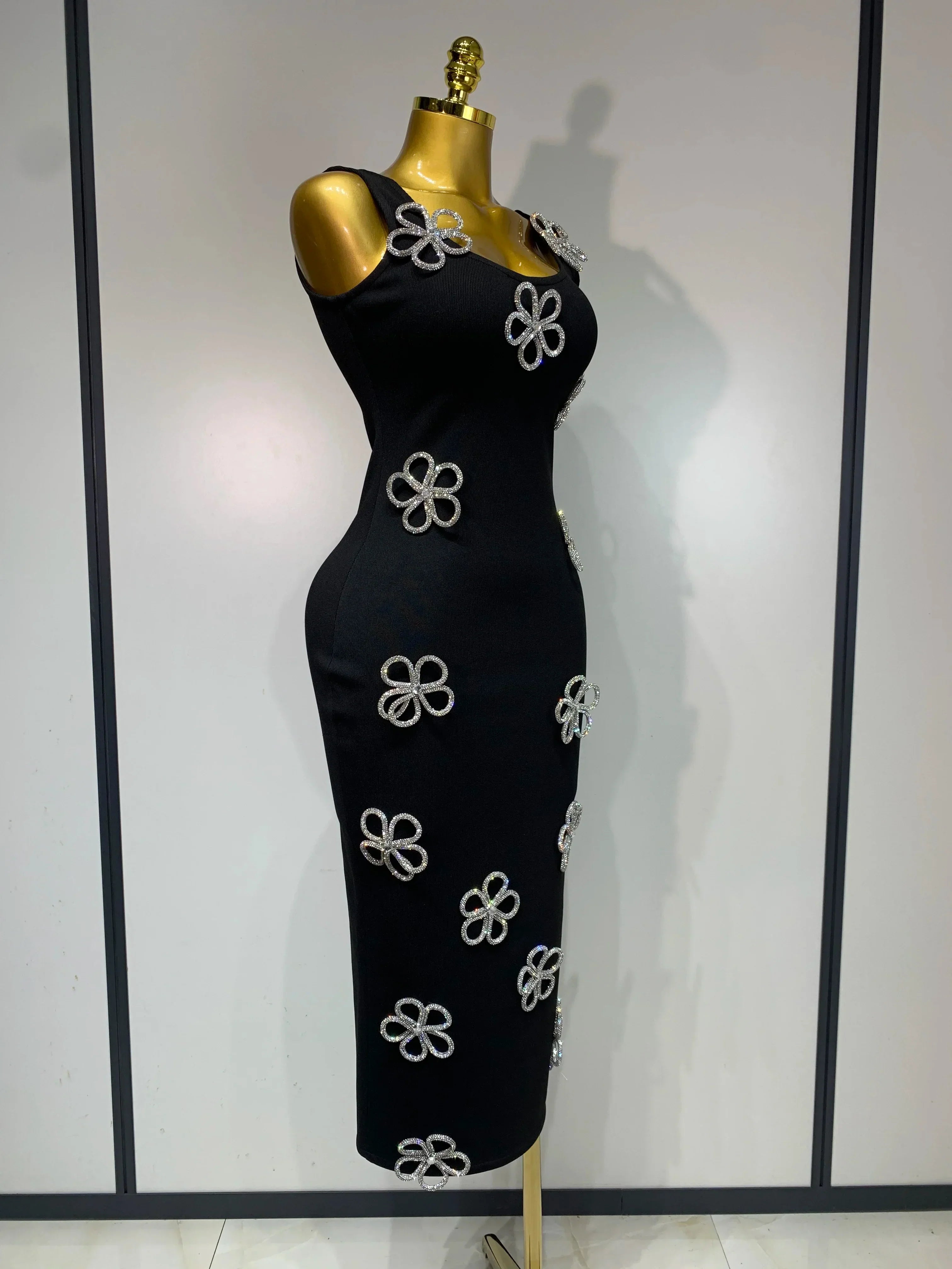 Women Celebrity Sexy Diamonds Flower Black Long Bodycon Bandage Dress  Elegant Evening Club Party Luxury Birthday Dresses