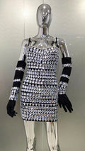 Women Luxury Sexy Crystal Beading Women Sleeveless Sexy Bodycon Mini Dress Gloves Nightclub Party Celebrate Birthday Dress black