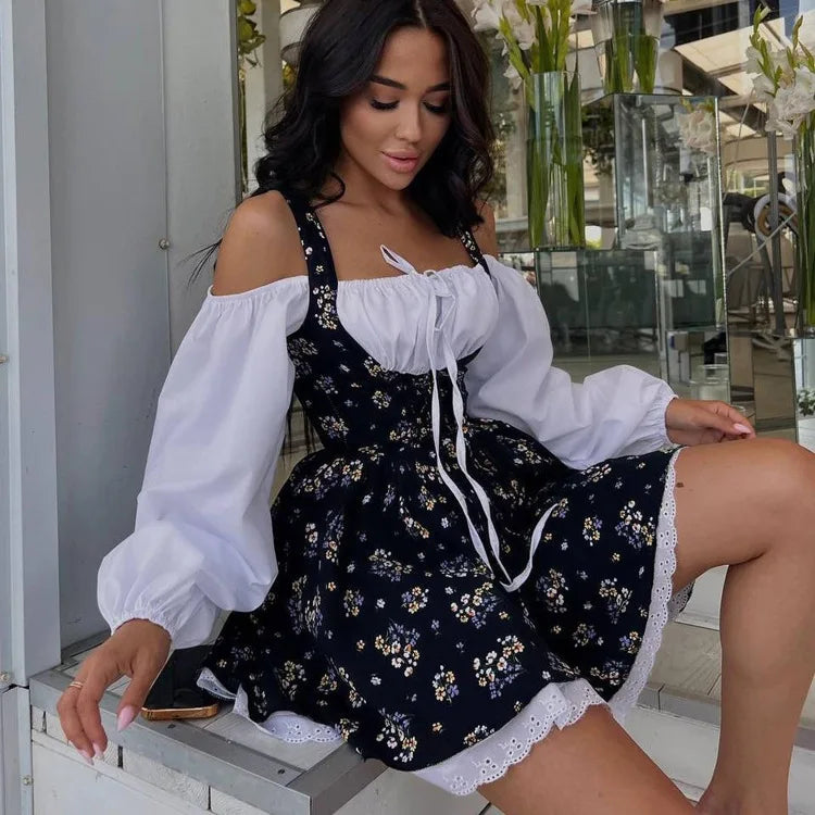 Puff Sleeve Patchwork Print Dresses Sexy Spaghetti Strap Lace Up Short Bubble Dresses Women Summer Party Vacation Dress
