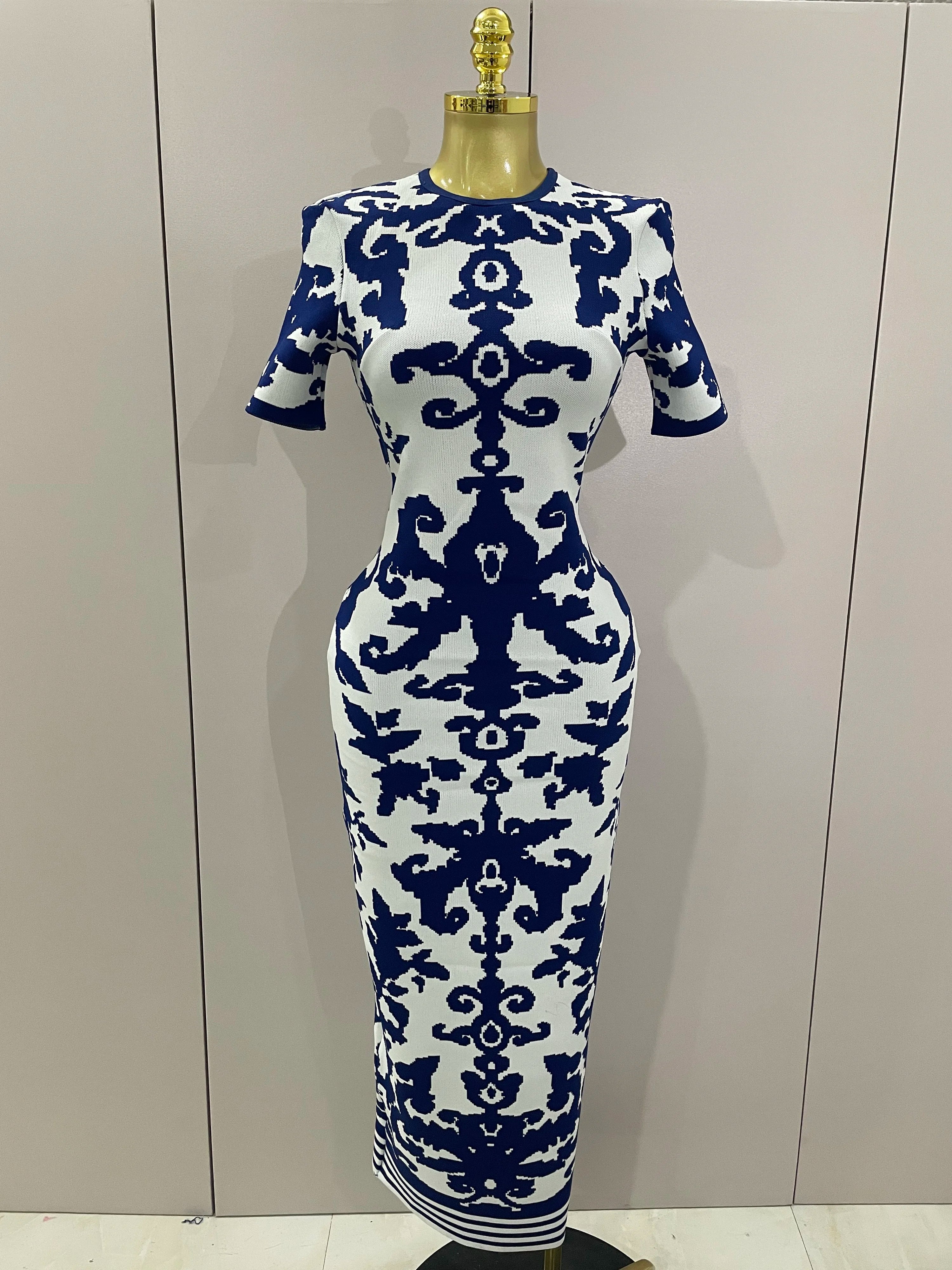 Sexy Short Sleeve Jacquard Blue Bandage Bodycon Long Dress Women Celebrity Elegant Evening Club Party Luxury Dresses Blue