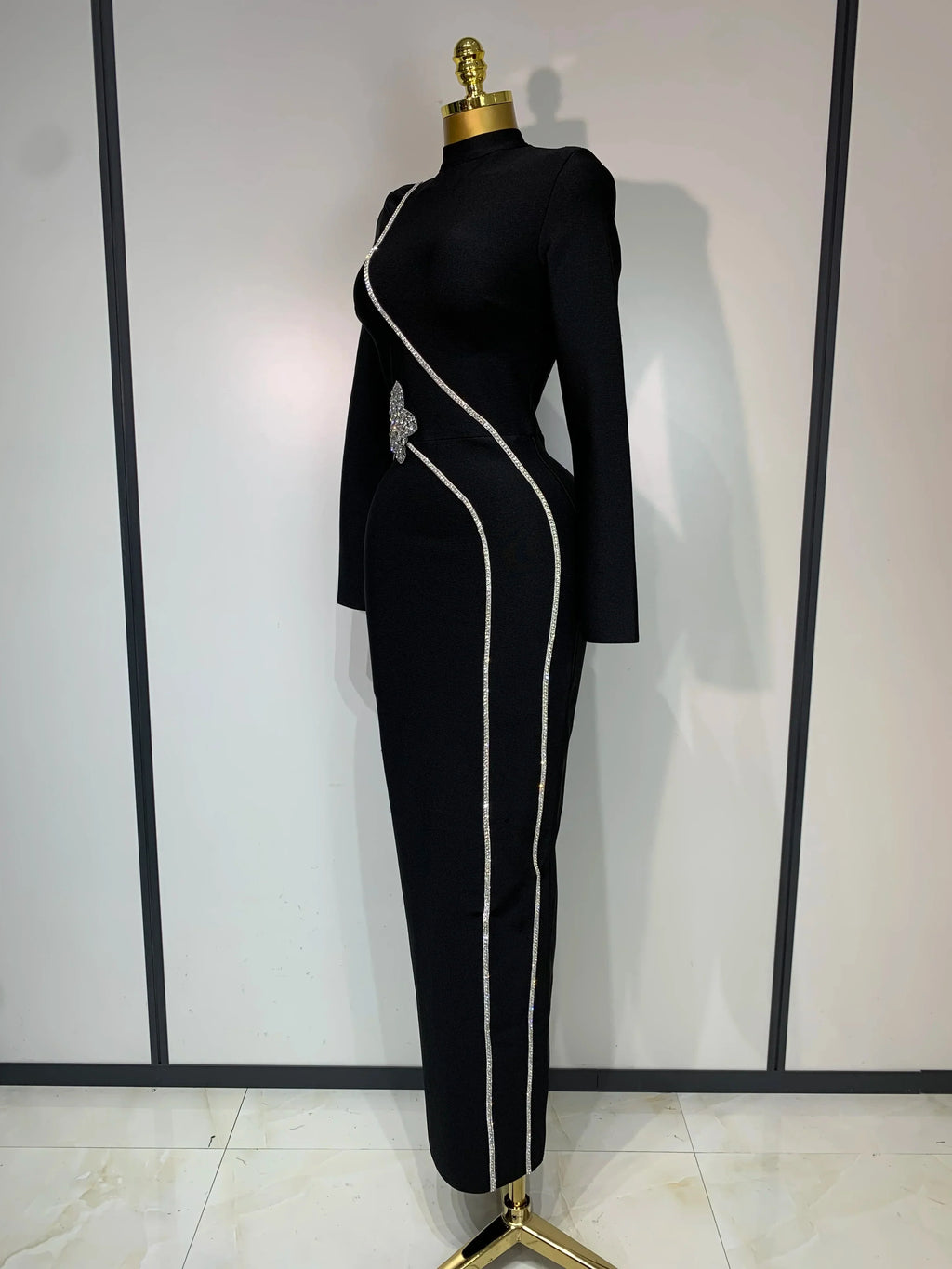 Fashion Designer Party Dress Women's Formal Long Sleeve Diamonds Bodycon Bandage Dress Elegant Luxury Birthday Gown