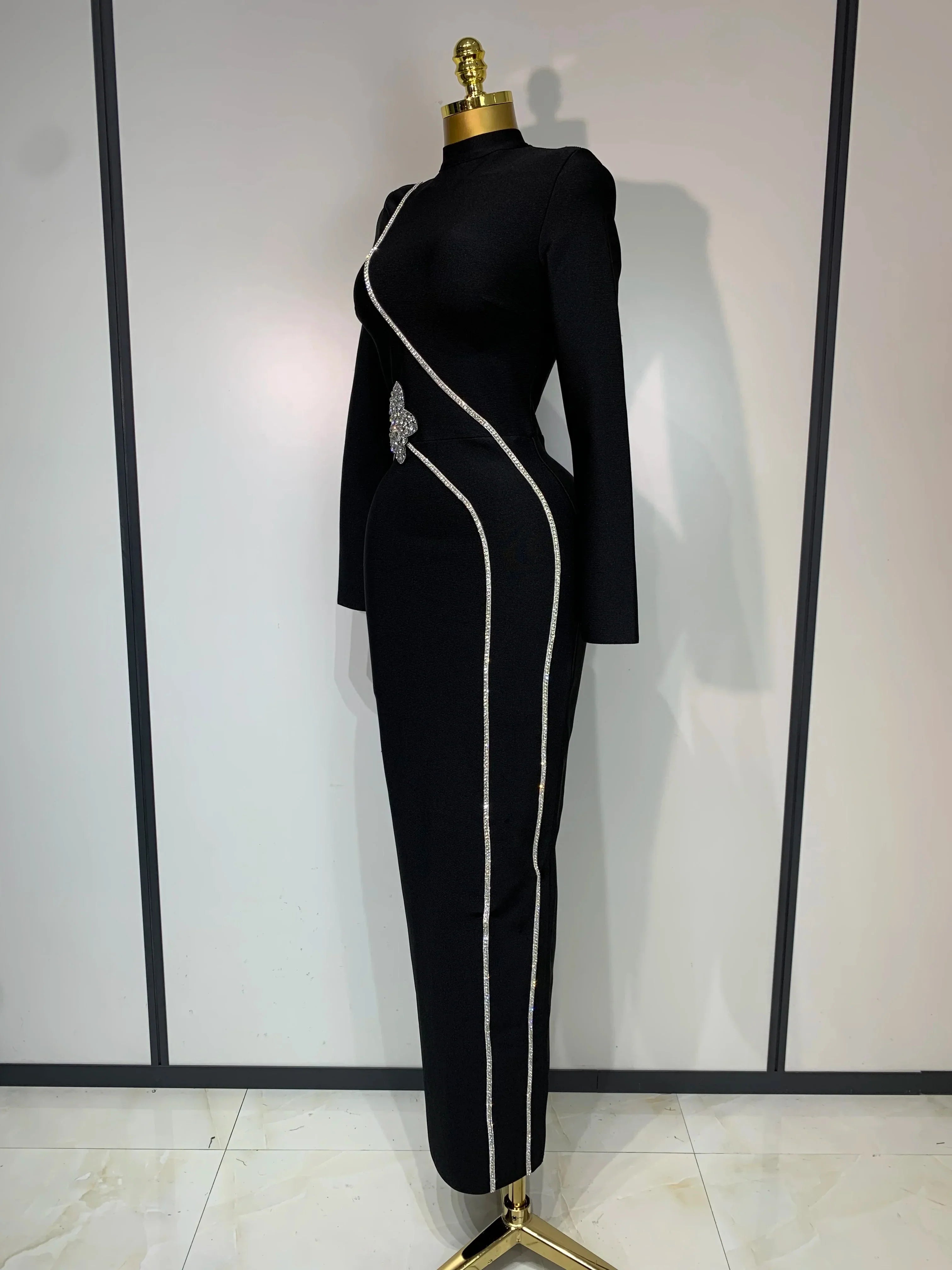 Fashion Designer Party Dress Women's Formal Long Sleeve Diamonds Bodycon Bandage Dress Elegant Luxury Birthday Gown