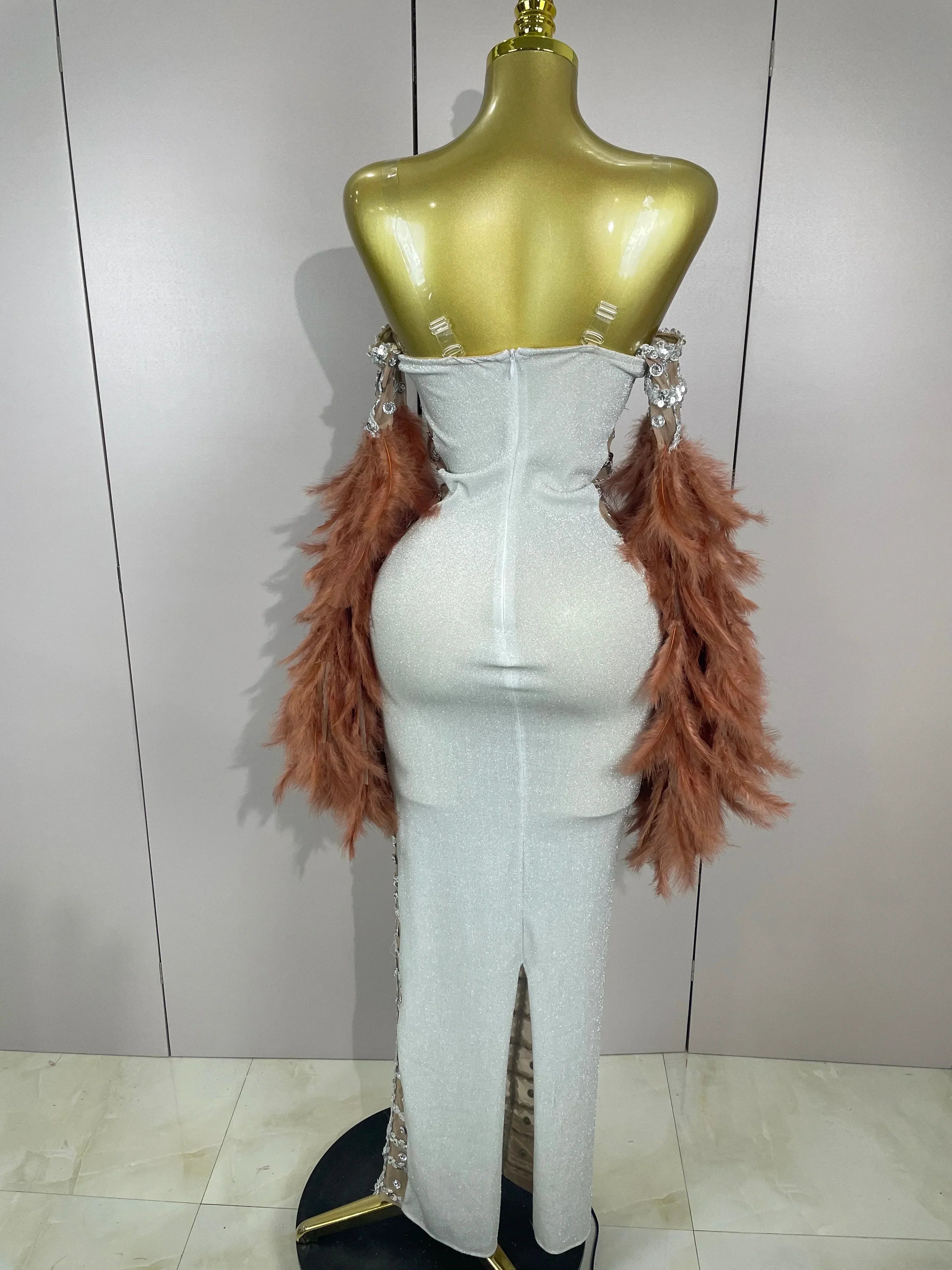 Luxury Sparkling Diamond Feather Mesh Tight Sexy Mesh Long Dress  Women Birthday Party Nightclub Stage Performance Costume