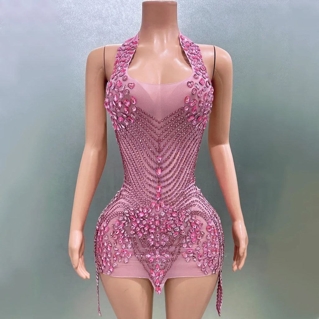 Women Sexy Halter Crystal Bodycon Mini Dress Celebrate Nightclub Party Performance Birthday Photo Shoot Dress