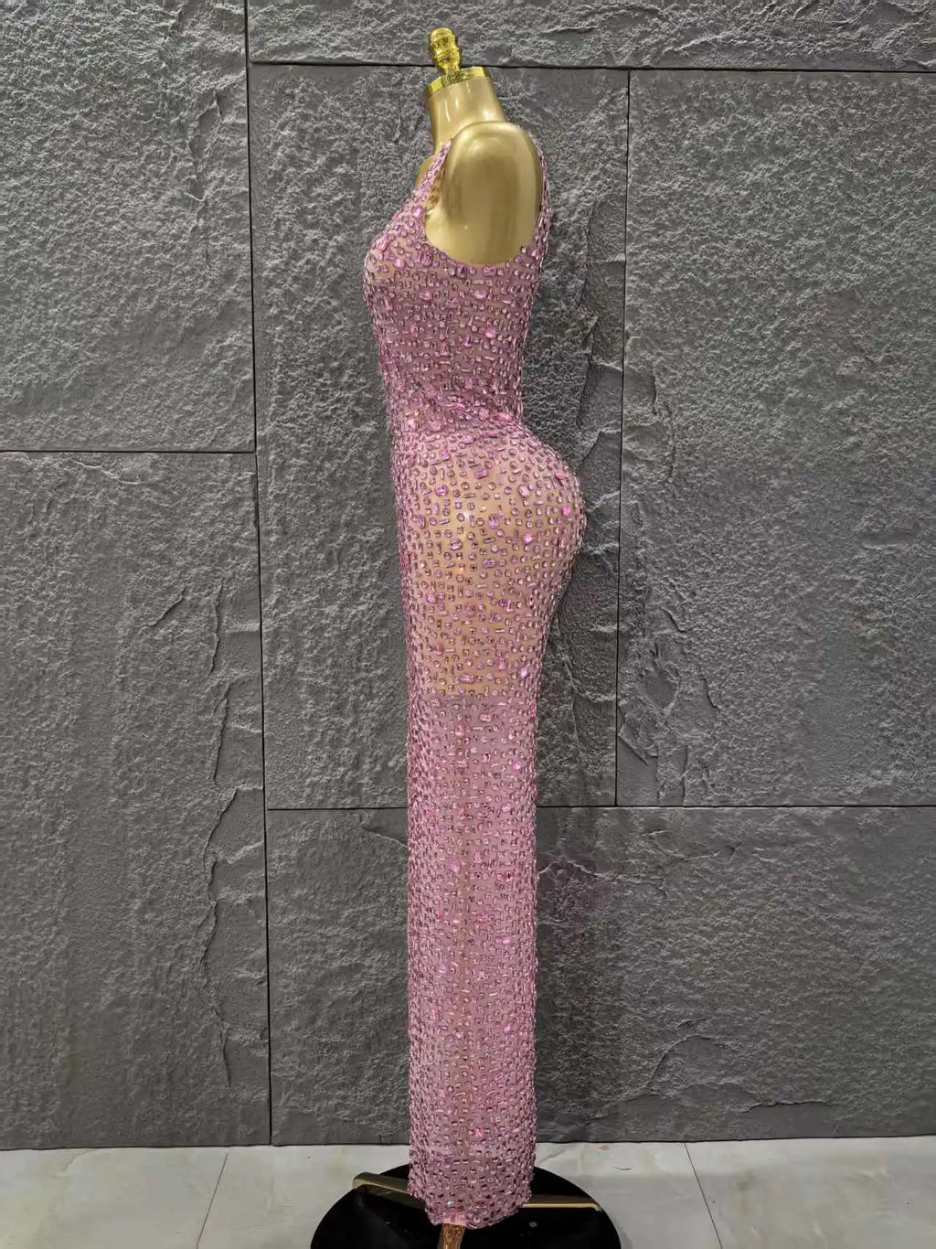 Women Sleeveless Sexy O-Neck Mesh See Through Full Crystal Bodycon Long Dress Birthday Party Stage Wear