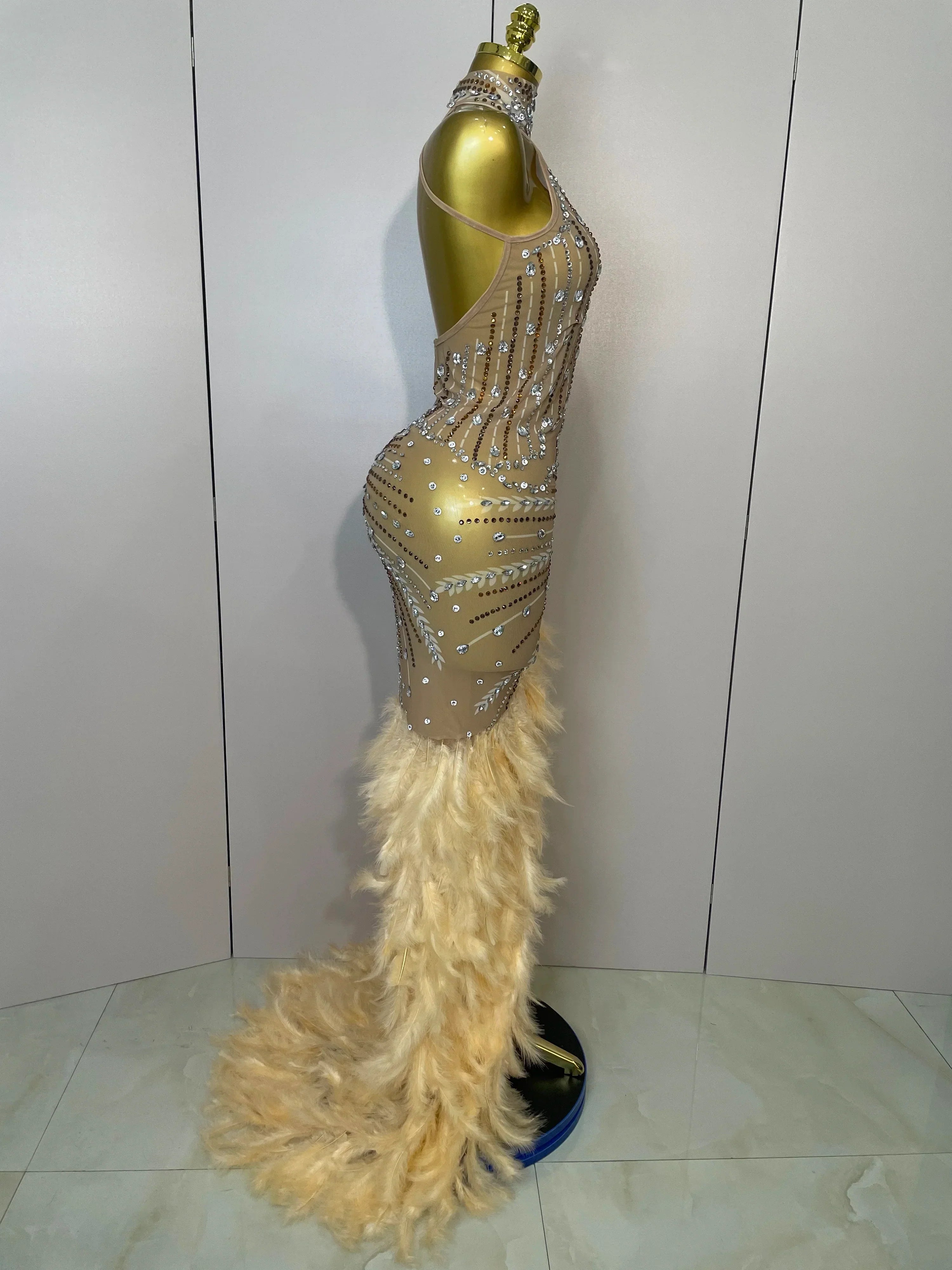 Sparkly Sexy Crystal  Floor-Length Feathers Maxi Dress  Elegant  Evening Party Birthday Performance Prom Dance Stage Costume
