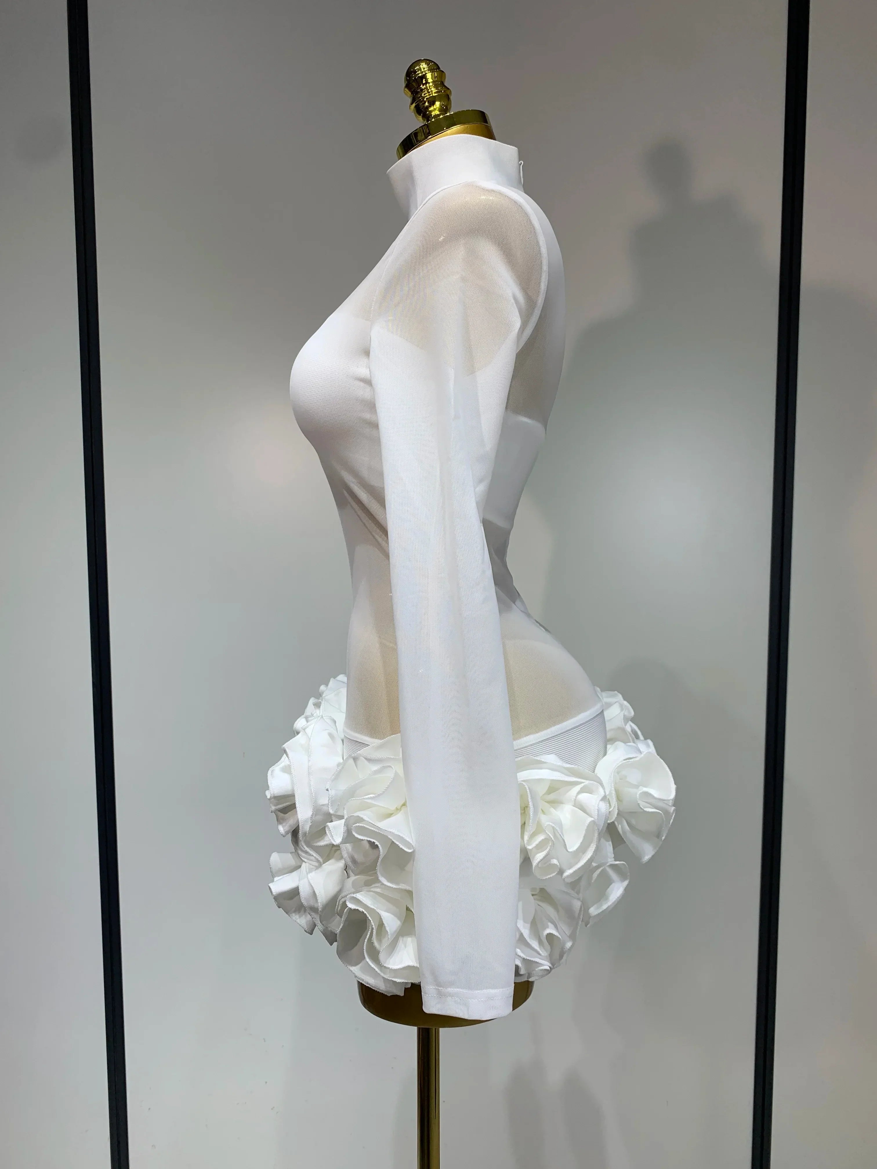 Women Sexy Mesh See through Stereoscopic Flowers White Red Mini Bandage Dress Birthday Evening Party Club Singer Perform Costume
