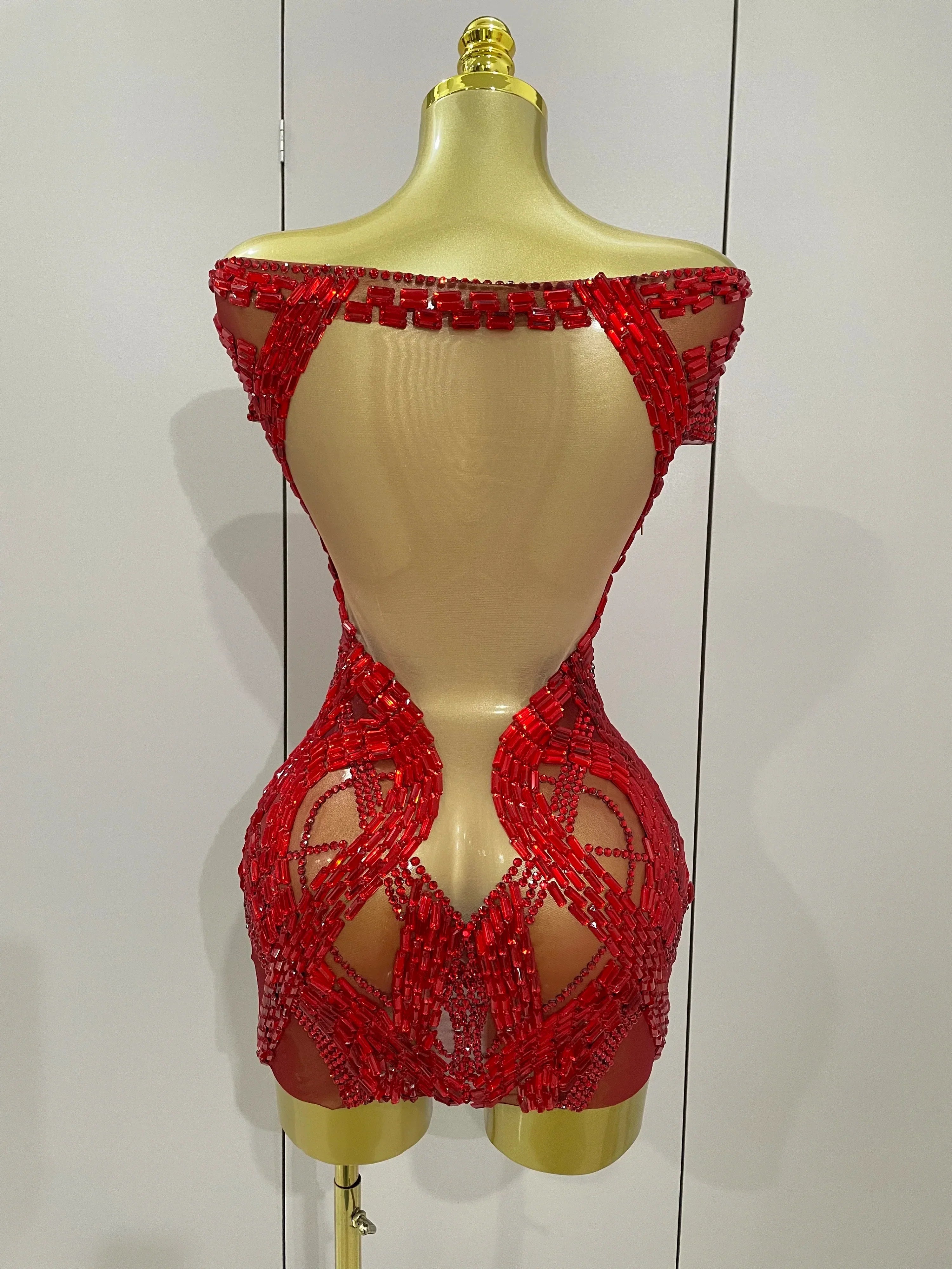 Shining Red Rhinestones Sexy Mesh See-Through Mini Dress Women Celebrate Evening Prom Birthday Party Dress Stage Shoot Wear
