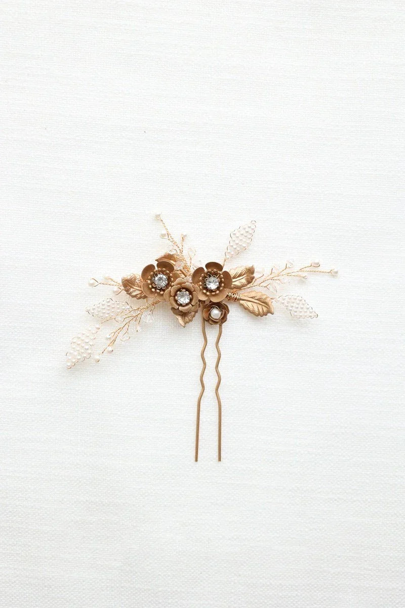 Bridal Jewelry Rhinestones Pearl Hair Pin Clip Leaf Flower Head Piece Brides Gift Vintage Gold Color Hairpin Wedding Accessories 4